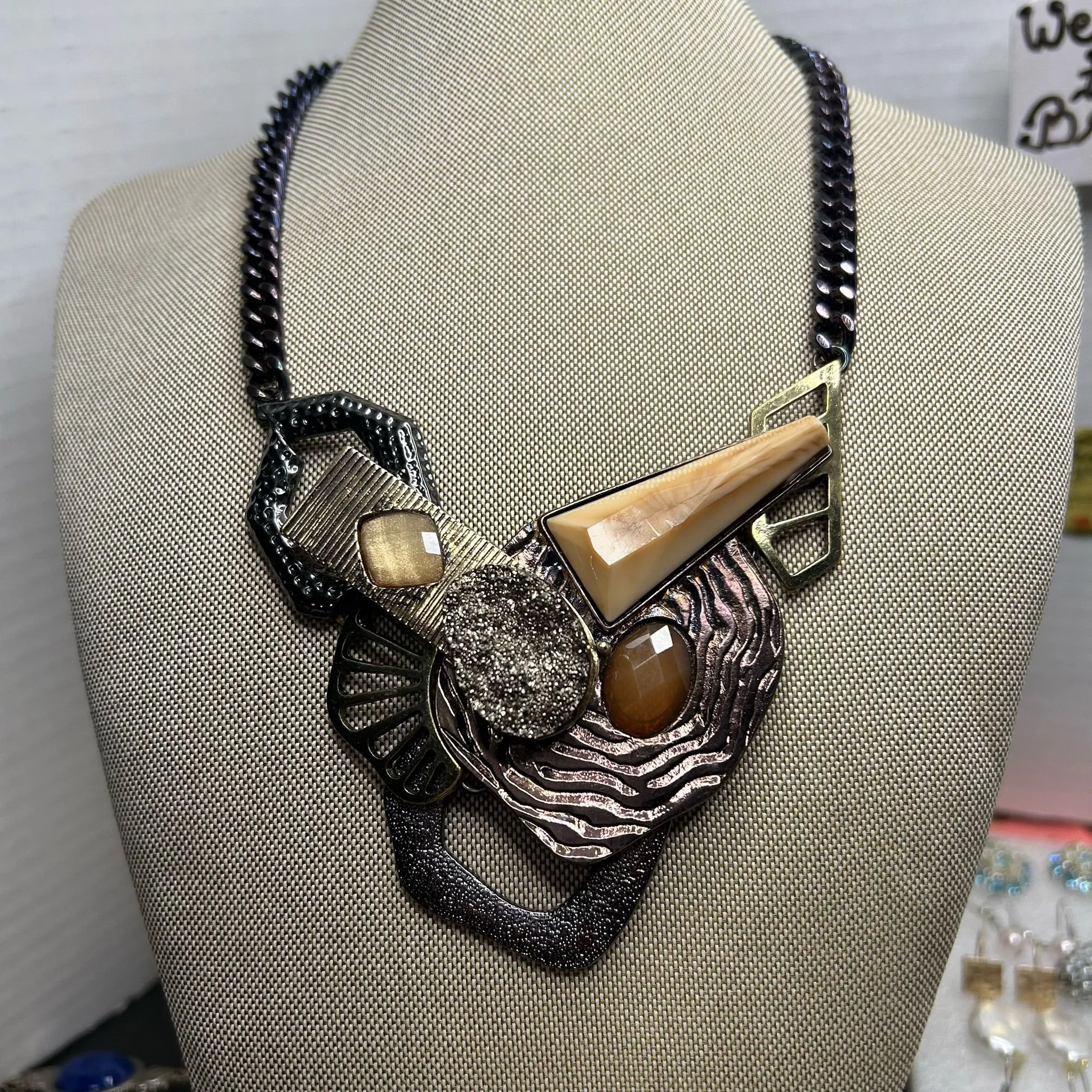 Product image for A23. Silver Tone Metal Brutalist Choker Necklace Statement Ethnic Chunky Neckles with a druzy 2