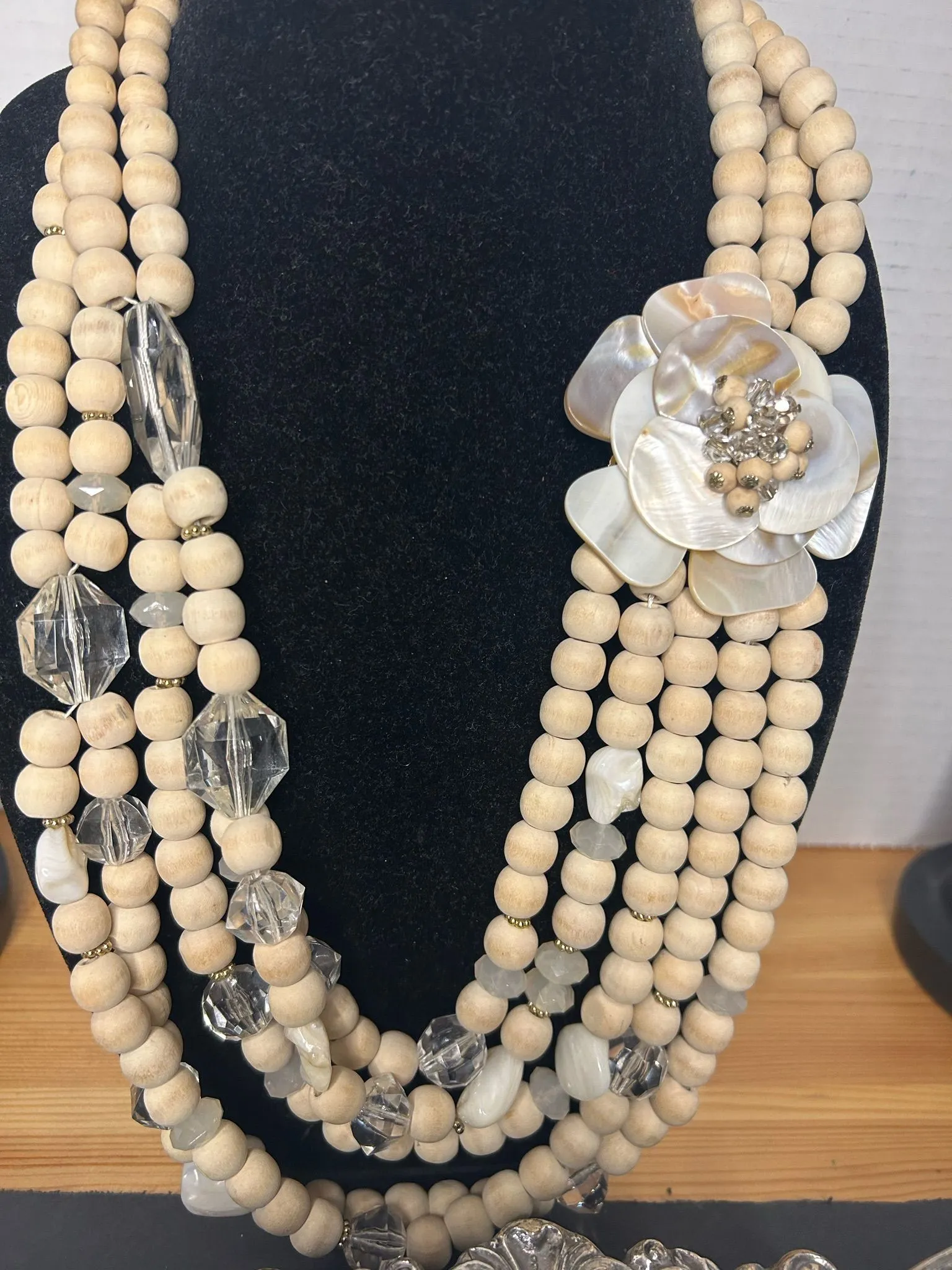 Product image for A10. Wooden Bead Necklace with a mother of pearl 8"L x 0.5"W x 1.5"H