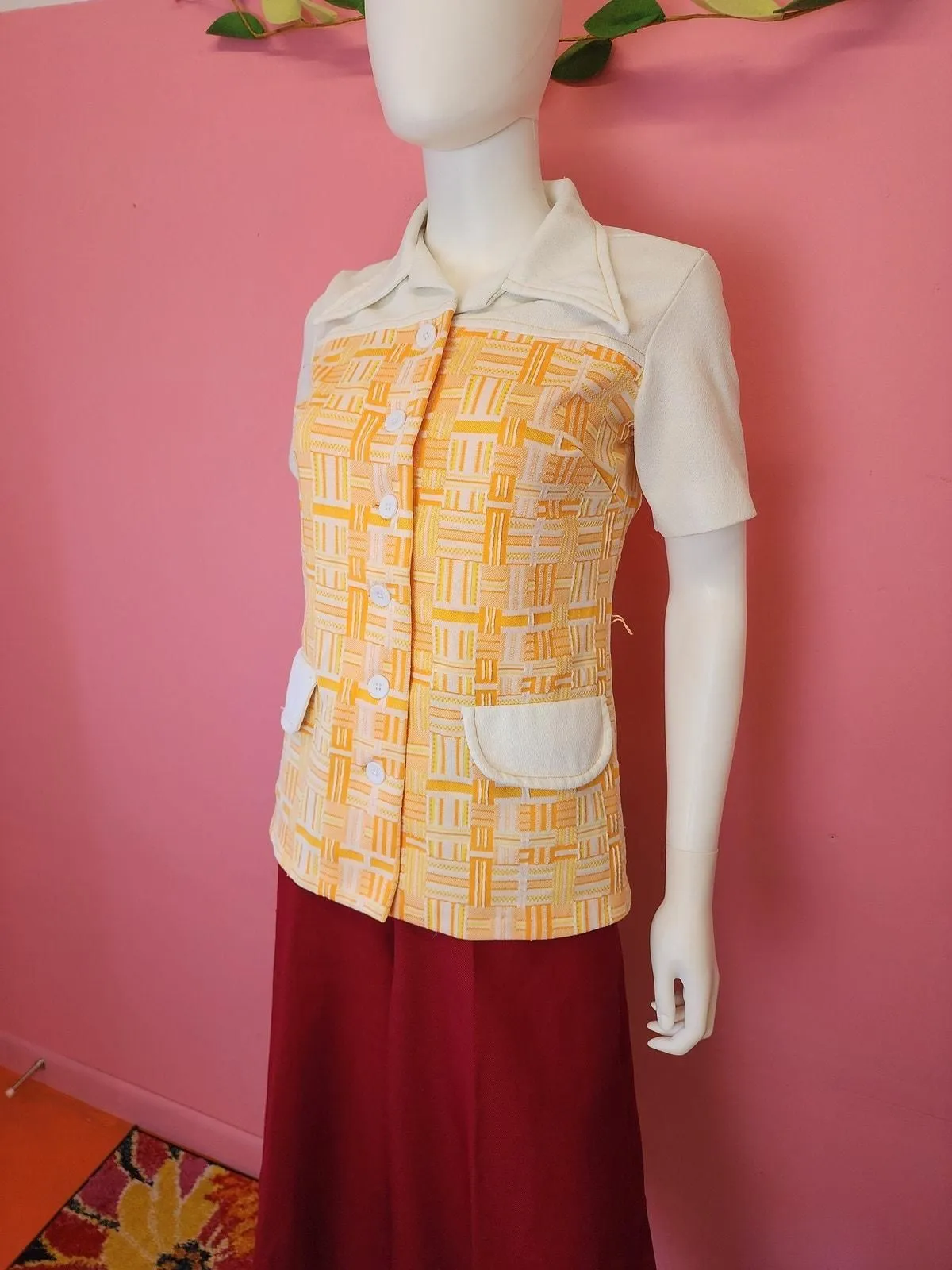 Product image for Size Small Medium | Vintage 1970's Orange Yellow Check Dagger Collar Short Sleeve Button Up Blouse