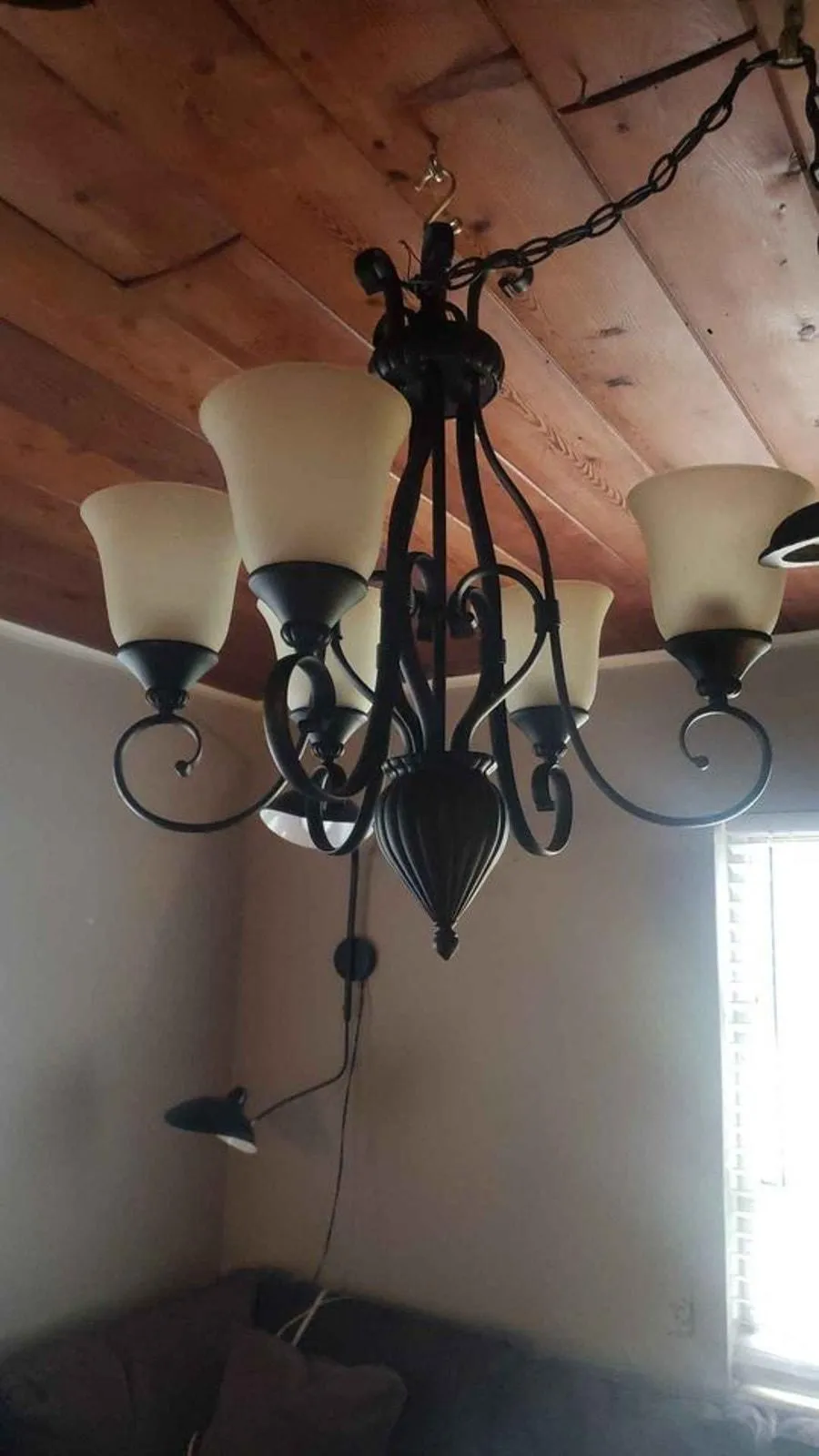Product image for VTG Black Wrought Iron Chandelier Frosted Glass Shades Goth Brutalist Medieval Masculine