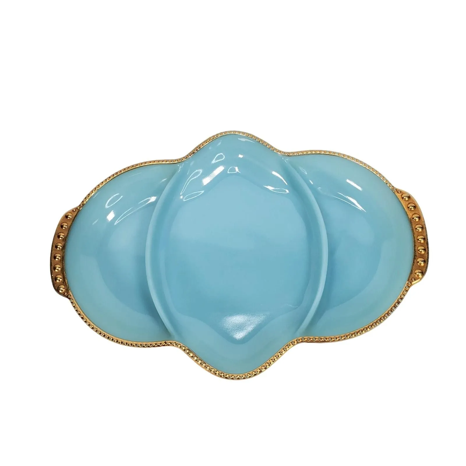 Product image for Vtg Fire King Delphite Blue Milk Glass Divided Serving Dish with Gold Trim MCM