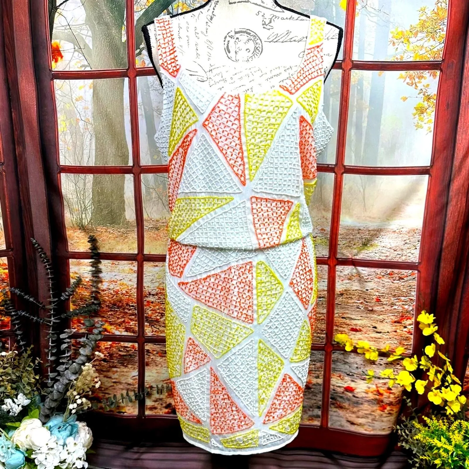 Product image for Romeo & Juliet Couture Beaded Geometric Dress White/Orange/Yellow  L