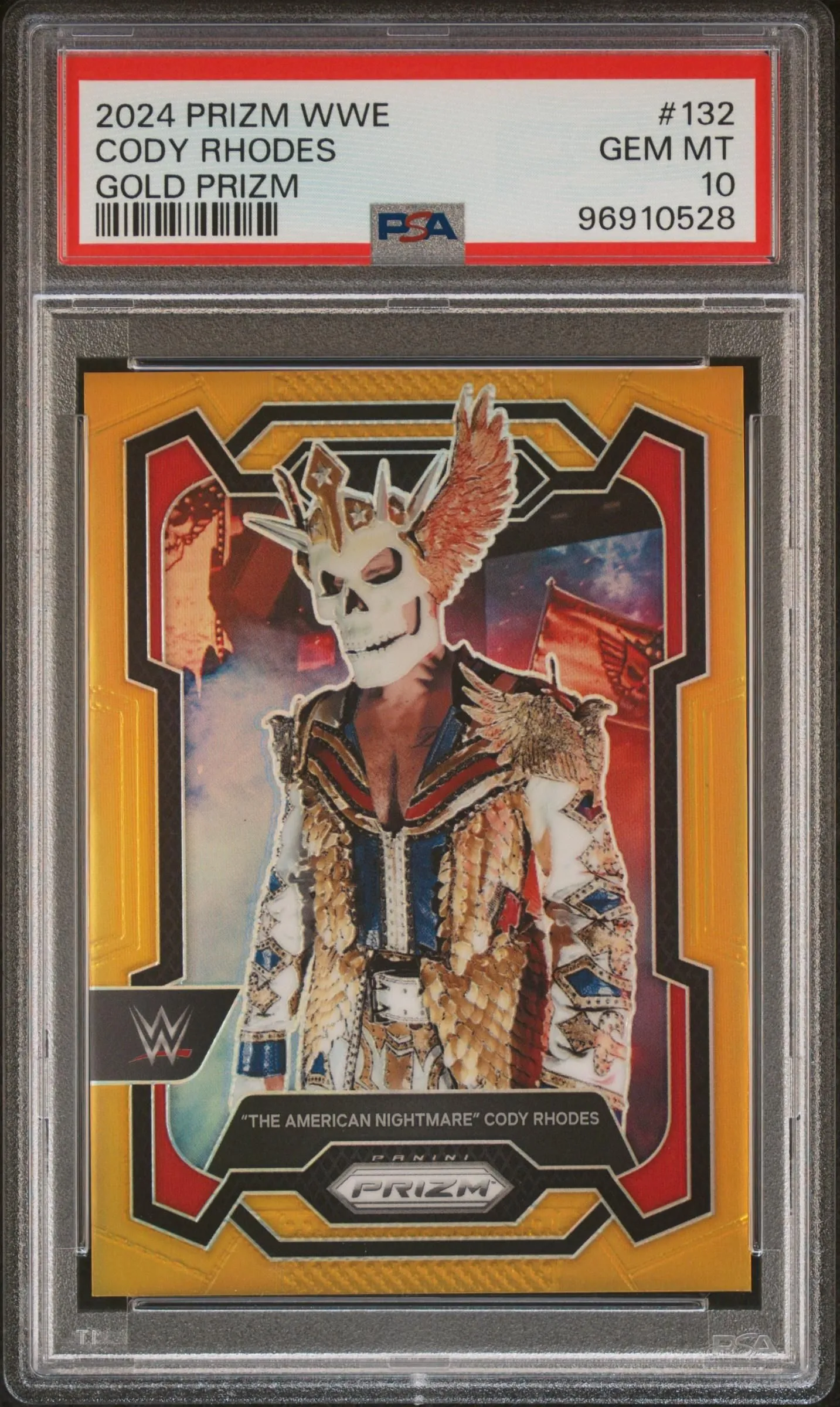 Product image for 2024 Panini Prizm WWE Cody Rhodes Gold Prizm /10 #132 PSA 10