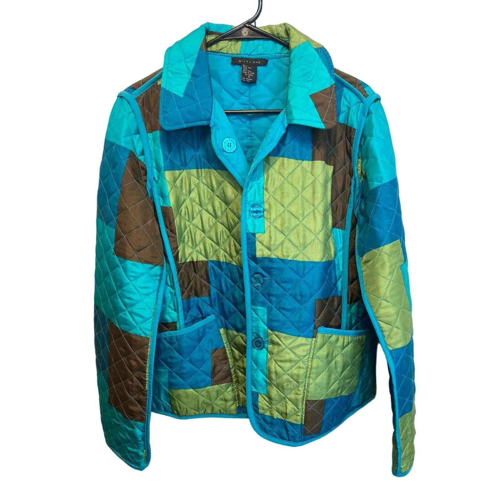 Product image for Silkland Patchwork Blue & Green Vintage Style Quilted Button Up Jacket Medium
