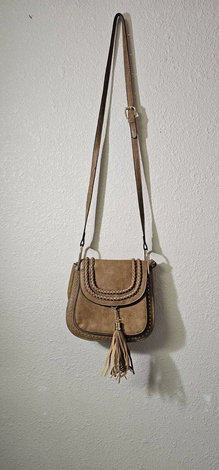 Product image for Vintage Tom Clovers Crossbody Tassel Saddle Shoulder Bag Color Brown 9”L 8.5”Tal