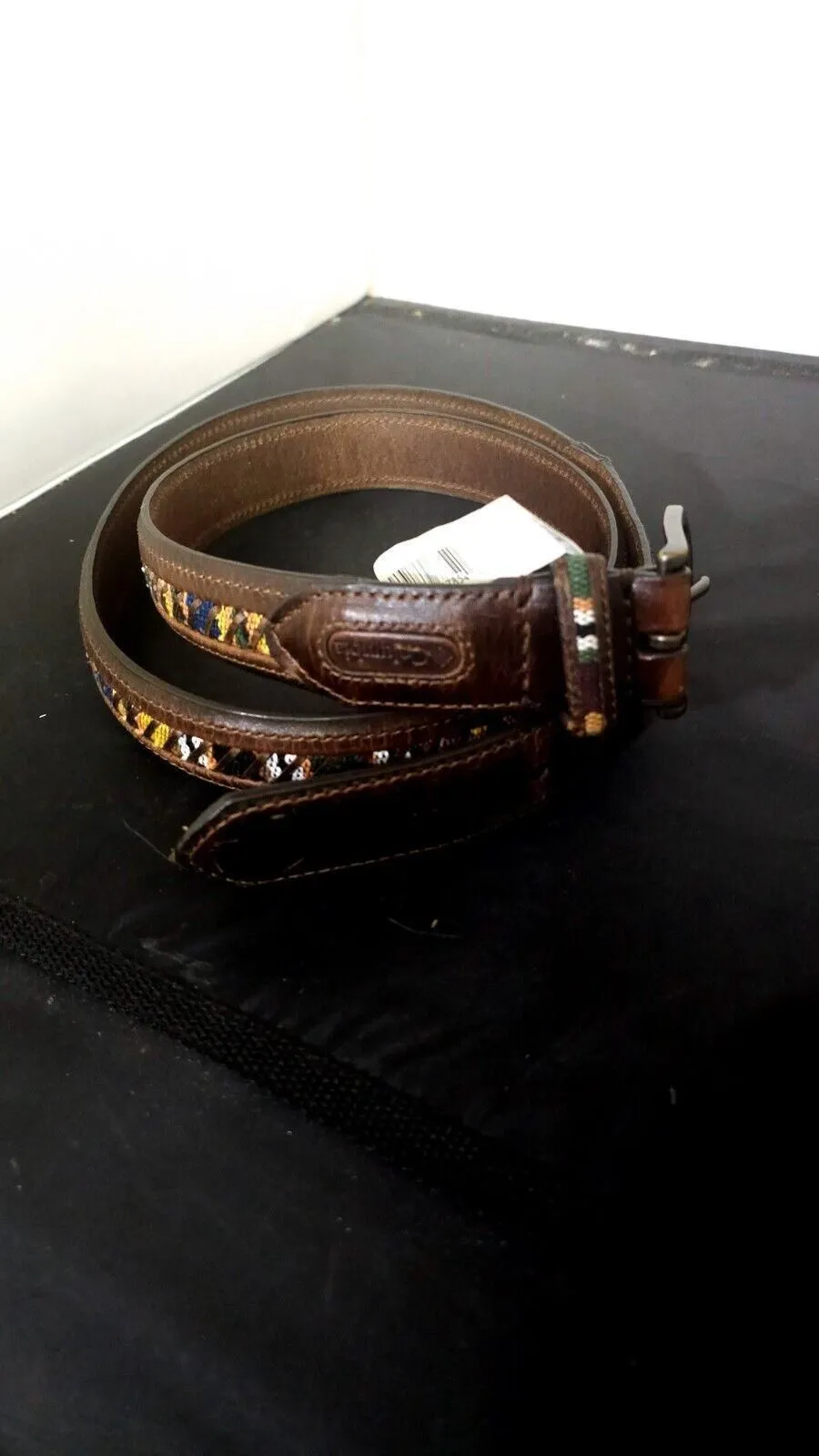 Product image for Vtg Columbia Sportswear Genuine Leather Belt 42 Fabric Inlay Brown EUC