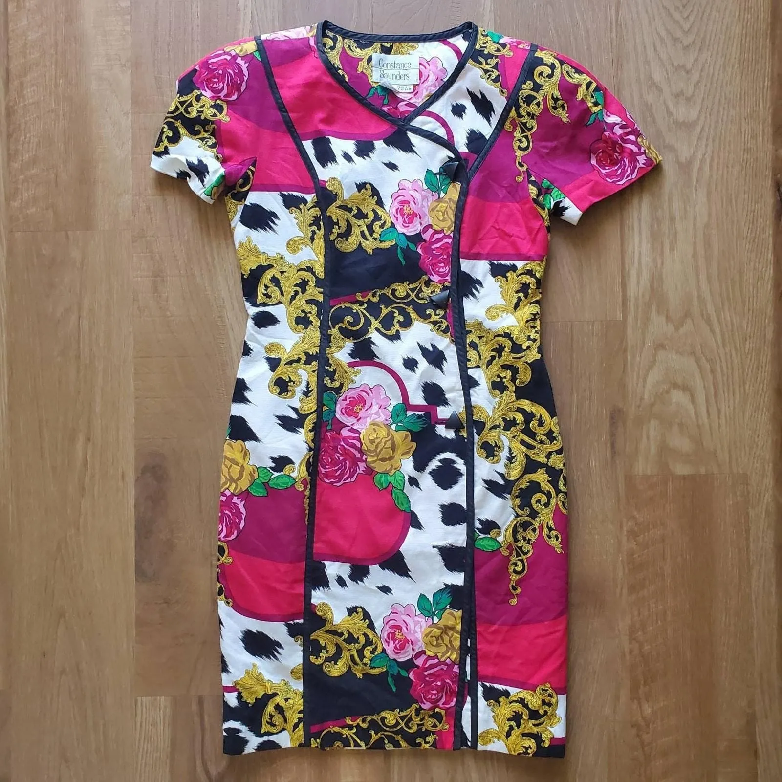 Product image for Vintage 1980s 1990s Constance Saunders Baroque Floral Animal Print Short Sleeve Knee Length Dress