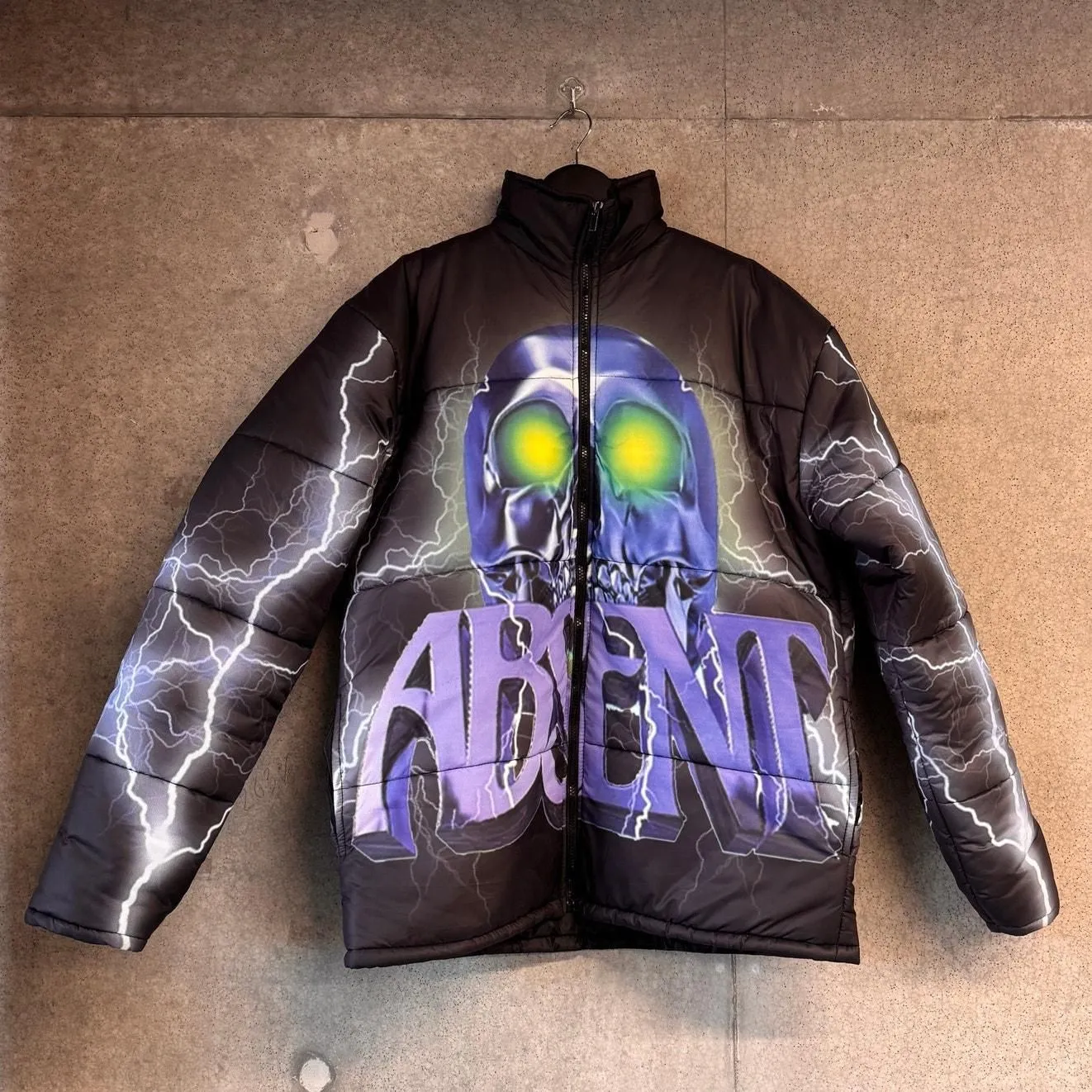Product image for Absent x Half Evil Puffer Jacket Size Medium Graphic Skull Print Oversized