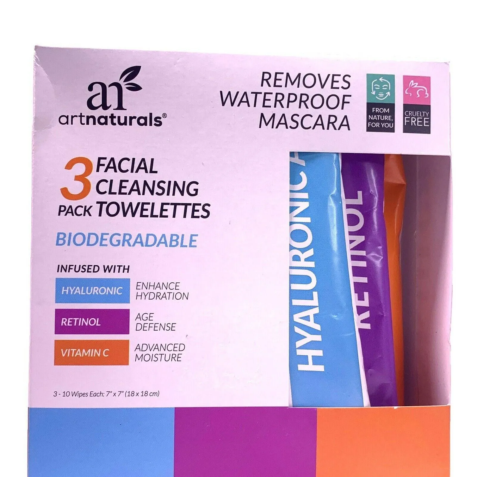Product image for New Artnaturals 3 PK Facial Cleansing Towelettes w/ Hyaluronic Retinol Vitamin C