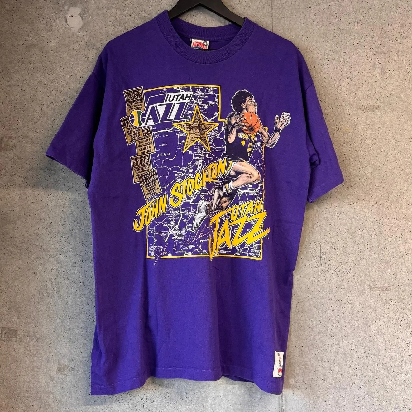 Product image for Vintage 1990s John Stockton Utah Jazz T Shirt Nutmeg XL Single Stitch USA Made
