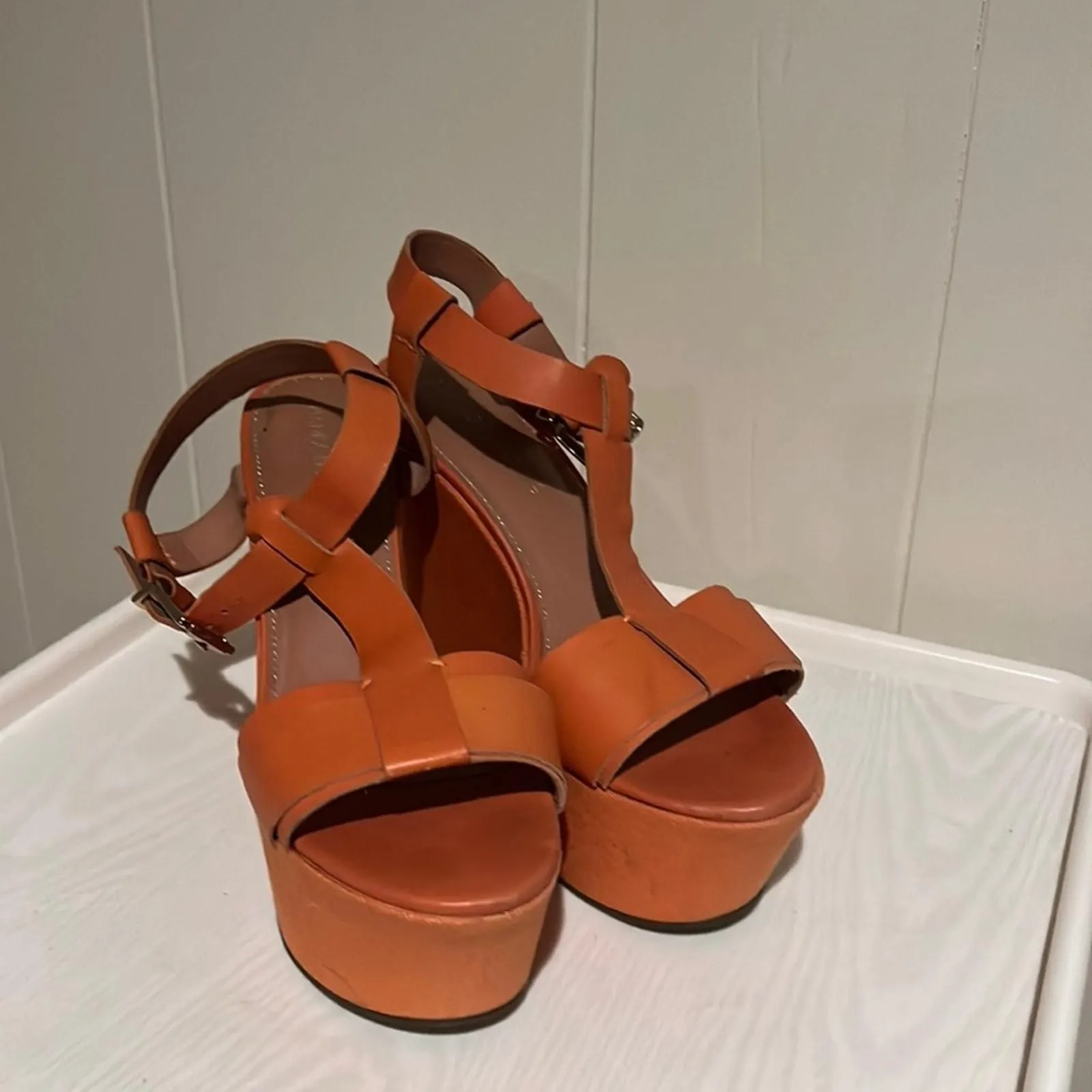 Product image for Madison Harding Canvas & Leather T-Strap Wedges