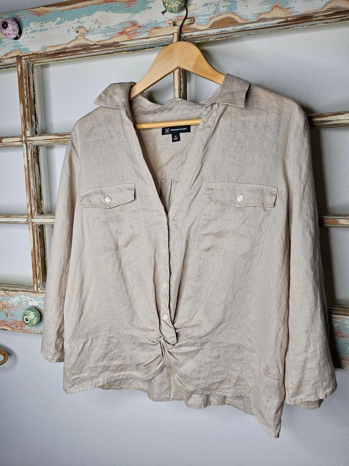 Product image for Linen INC Tan 3/4 Sleeve Twisted front At Waist  Ladies Size XL