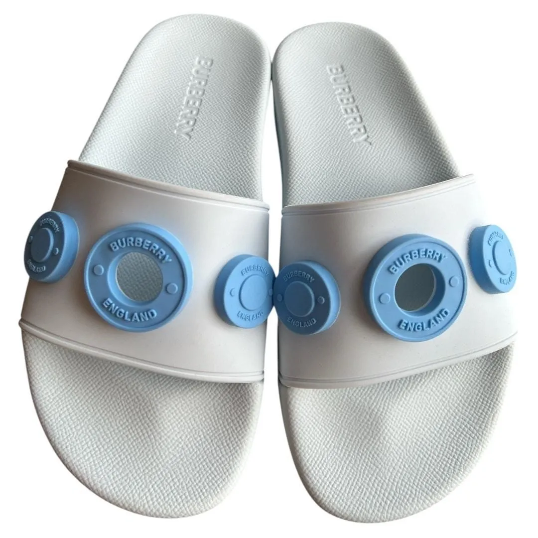 Product image for BURBERRY Pale Blue Furley Logo-Embellished Slide Sandals, IT35/US5 SRP: $420