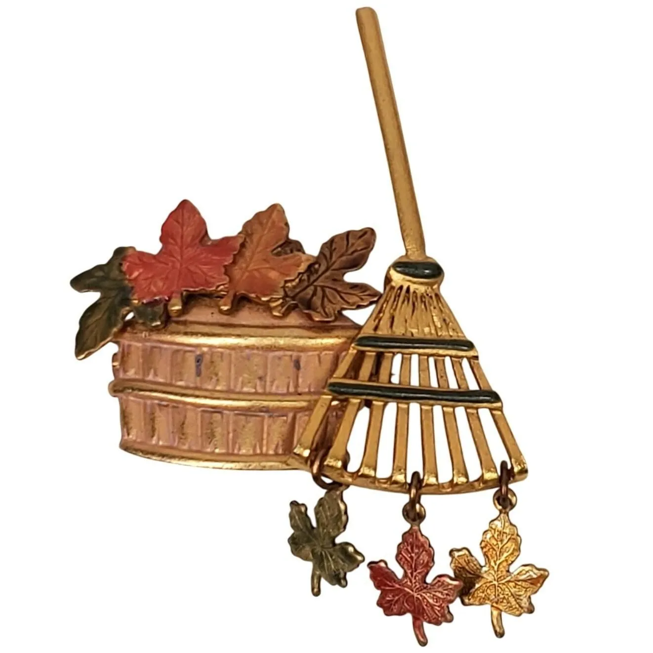 Product image for Vtg Kenneth Cole Autumn Brooch Pin Gardener Basket of Leaves Rake Signed KC 2.5"