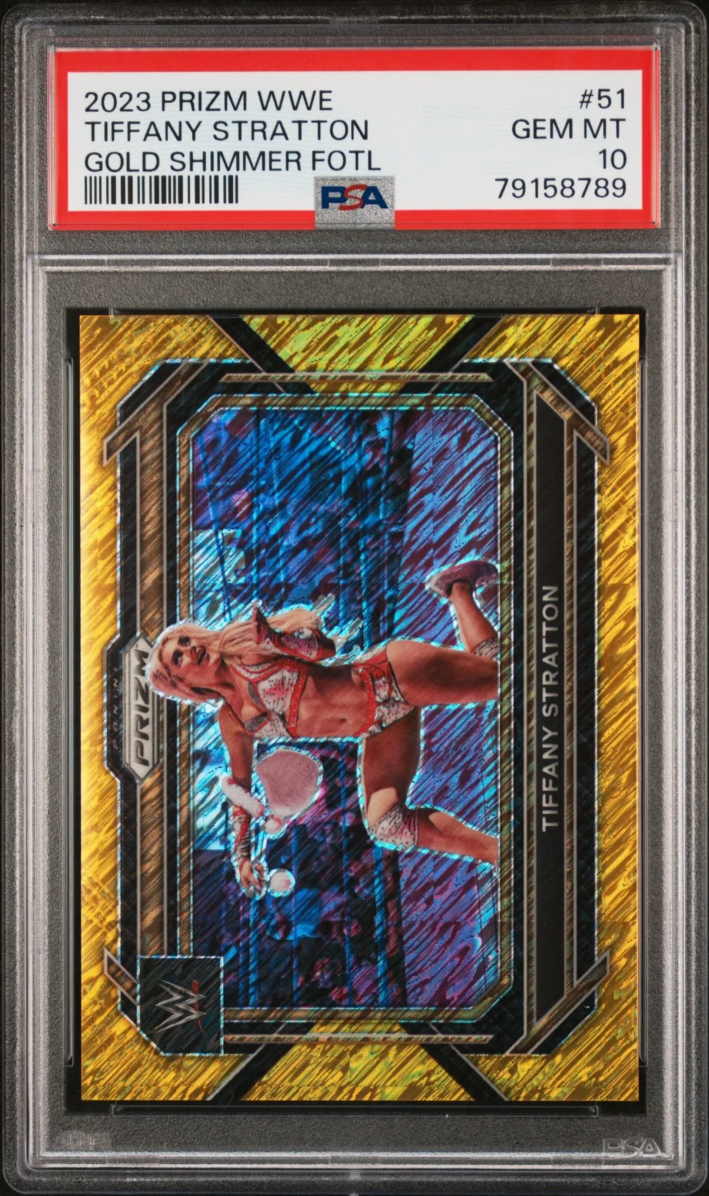 Product image for 2023 Panini Prizm WWE Tiffany Stratton Gold Shimmer FOTL /5 #51 PSA 10