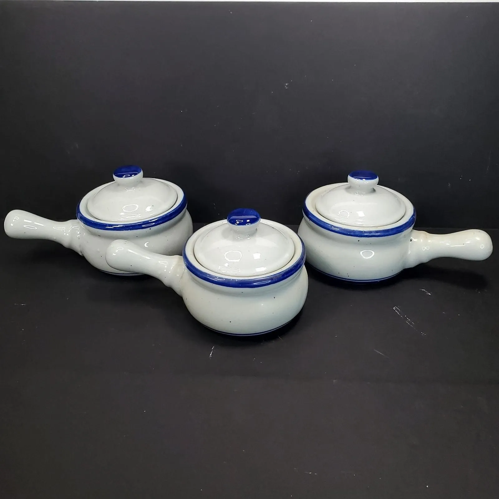 Product image for French Onion Soup Crock Chili Bowls Handle Lid Stoneware Vtg Taiwan Cottagecore