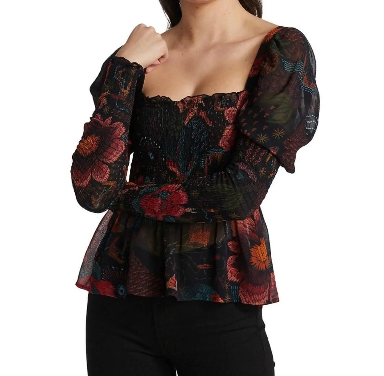 Product image for FARM Rio NWT Black River Creatures Smocked Floral Chiffon Sheer Blouse XS