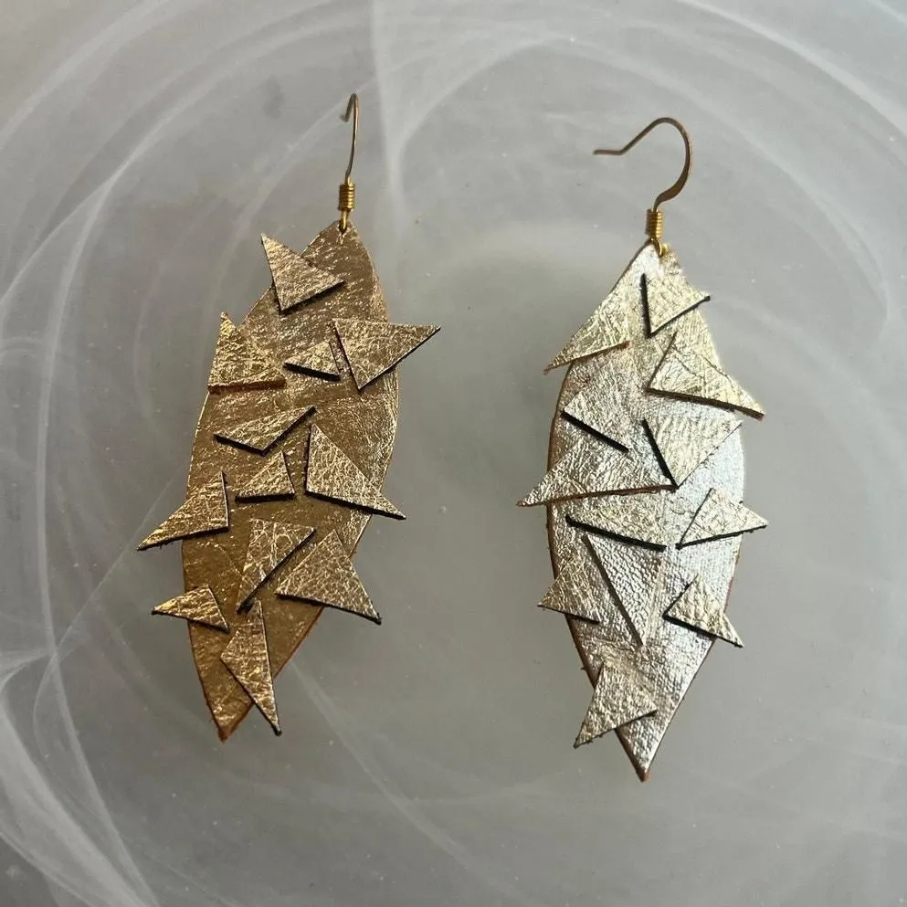 Product image for Artisan Handmade Gold Metallic Leather Geometric Earrings