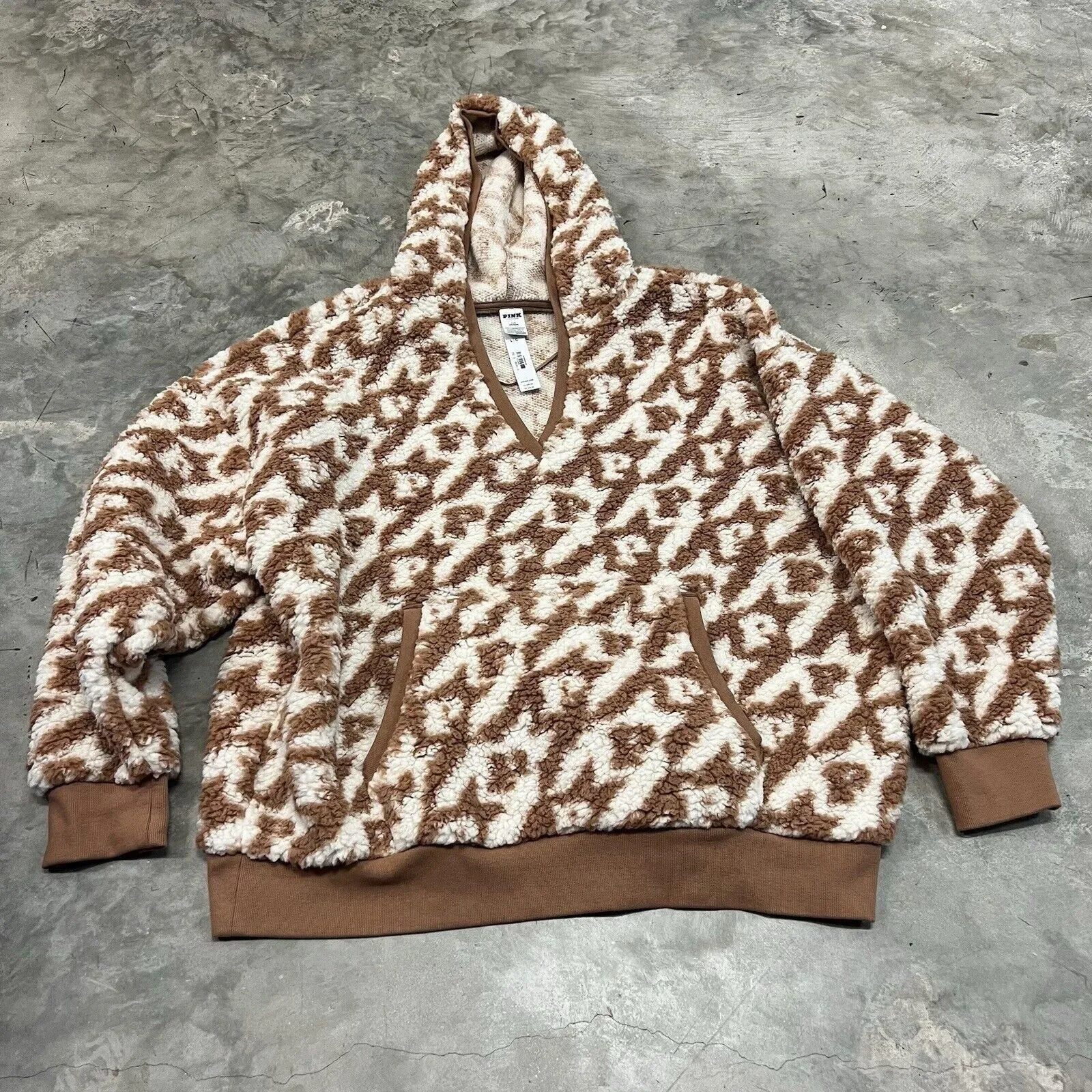 Product image for Victoria’s Secret PINK Fuzzy Cozy Hoodie Pullover Sherpa All Over Logo Brown L
