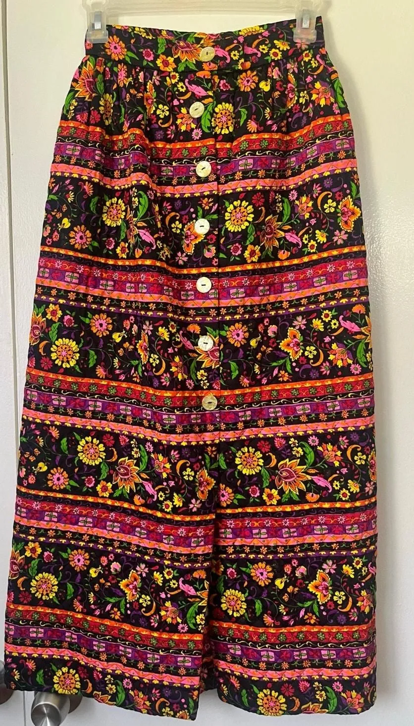 Product image for Vintage 60’s 70s Flower Power Black Neon Pink Quilted Maxi Skirt XS Small Hippie