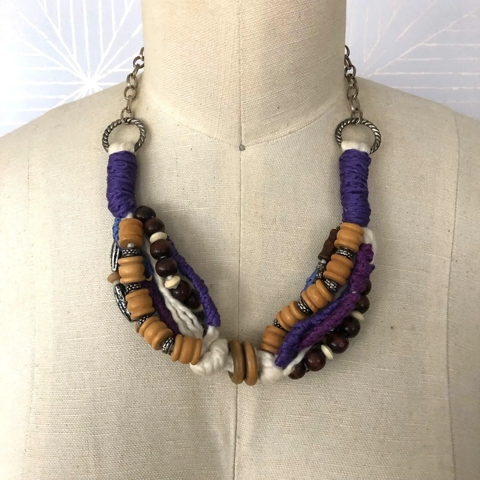Product image for Artisan Handmade Purple multi color fabric and beaded statement necklace