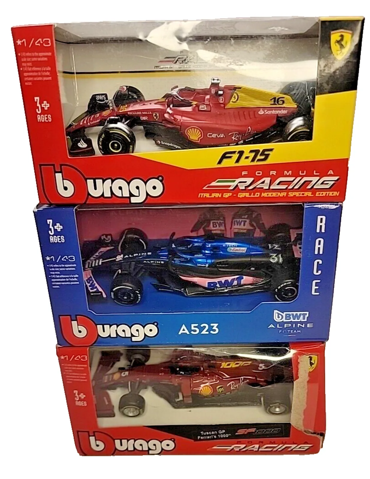 Product image for Lot Of 3 - Bburago 1/43 BWT alpine A523, Ferrari F1-75, Ferrari Tuscan GP