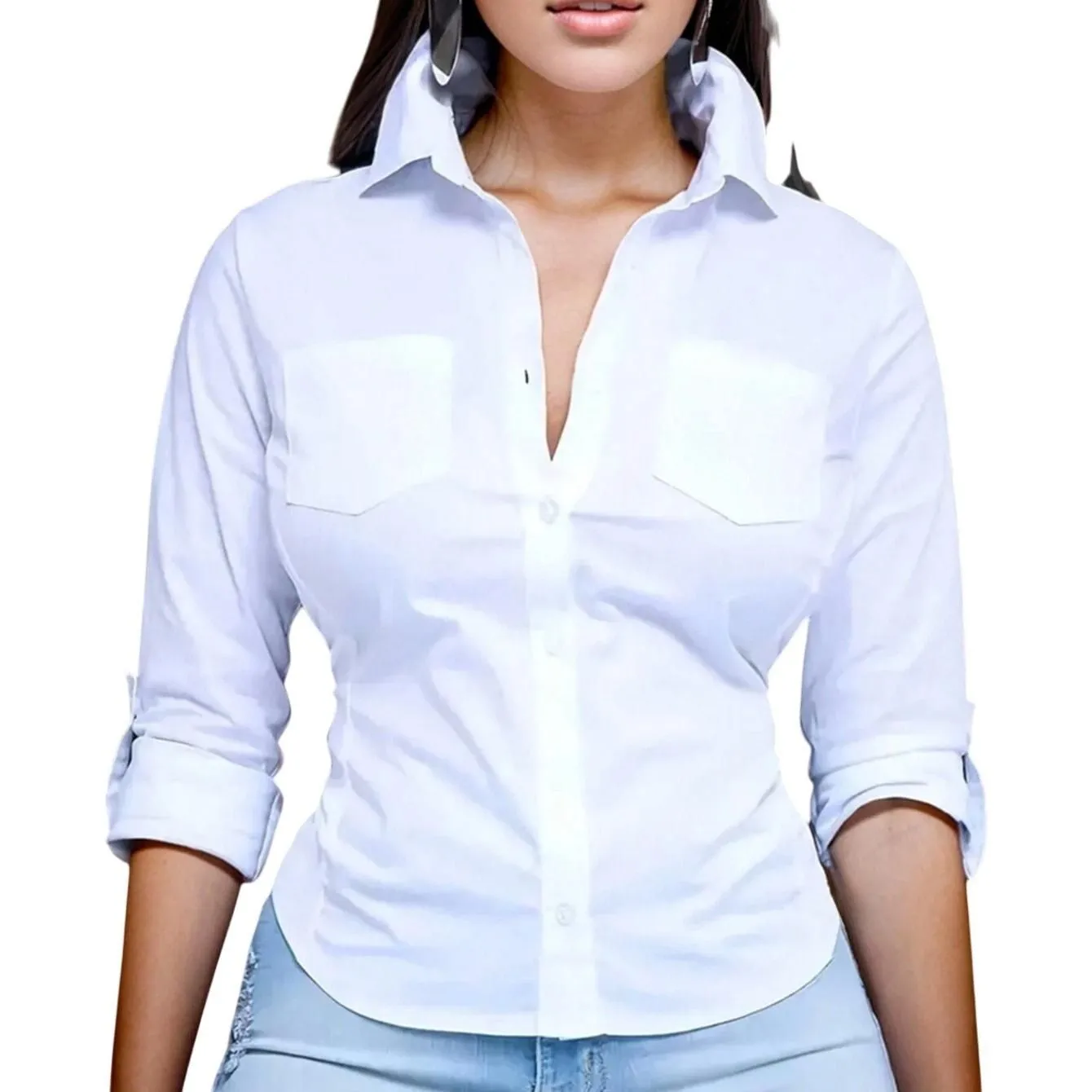 Product image for Women's Rolled Sleeve Button Down Shirt in White, Size S