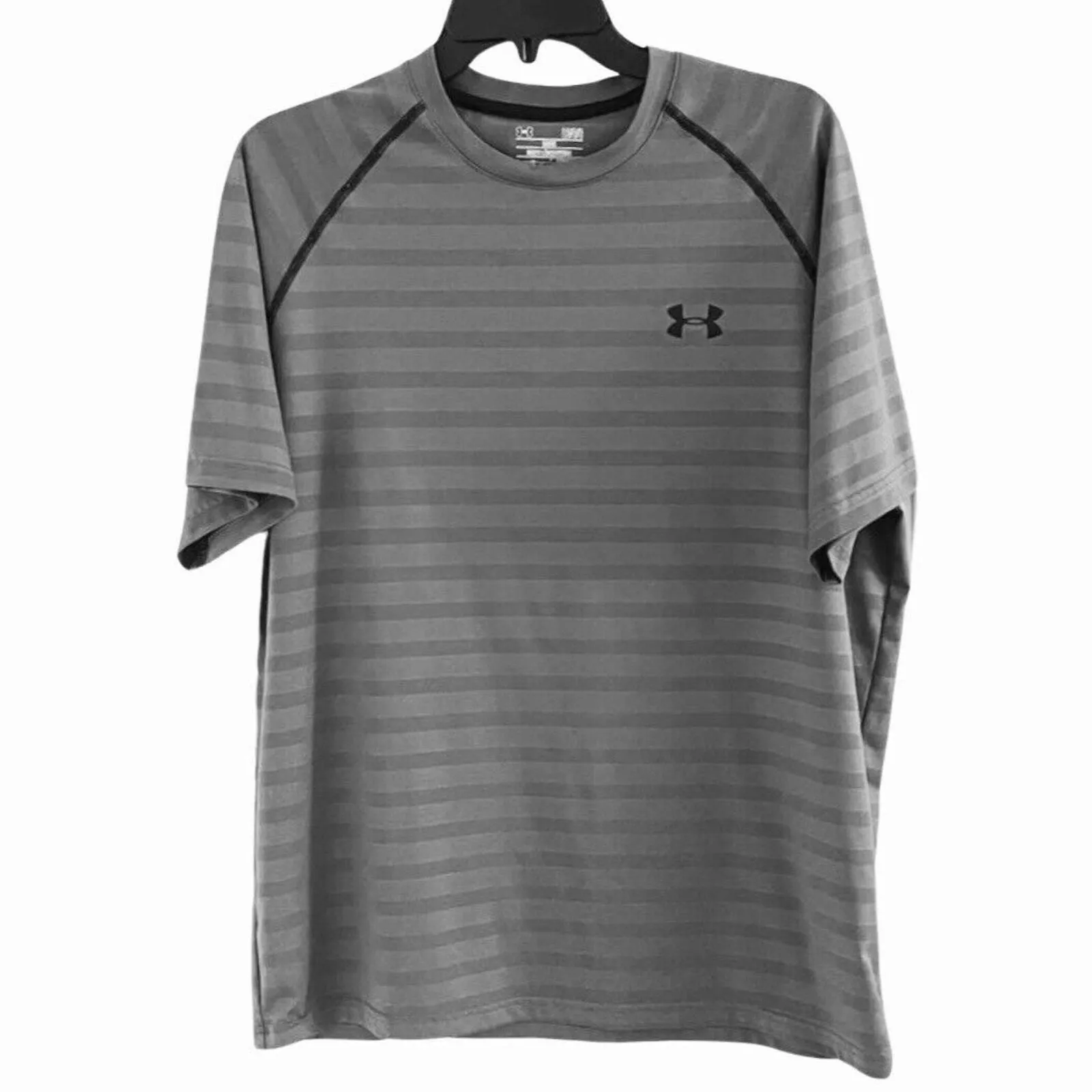 Product image for Under Armour L Large Heat Gear Tee Shirt Mens Loose Gray Striped Short Sleeve