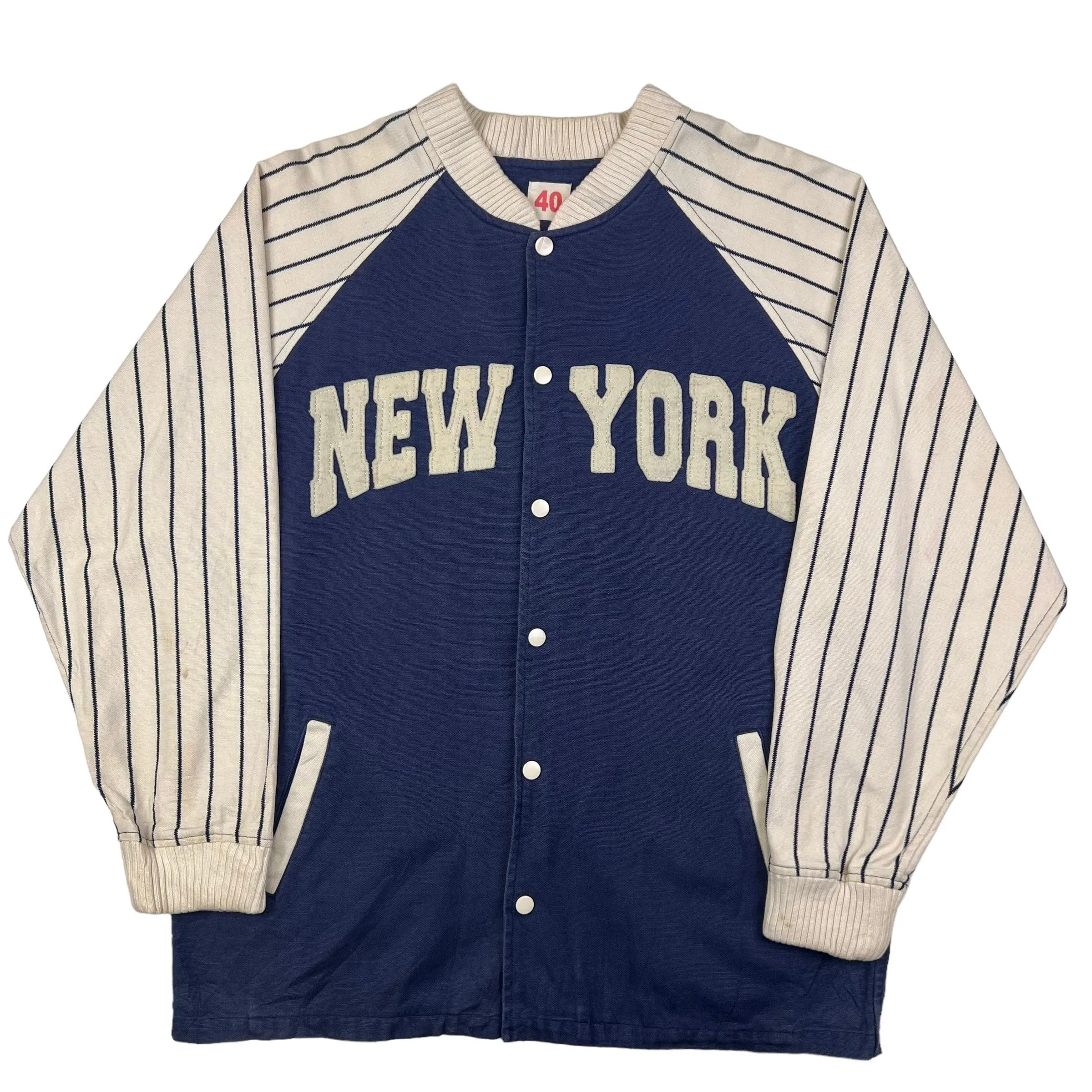 Product image for New York Baseball Stiped Varsity Jacket Blue Cream