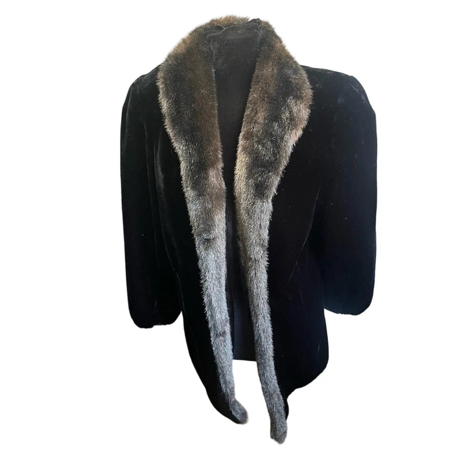 Product image for Vintage 60s Black Brown Faux Fur Mock Neck Fuzzy Winter Coat Jacket Medium Large