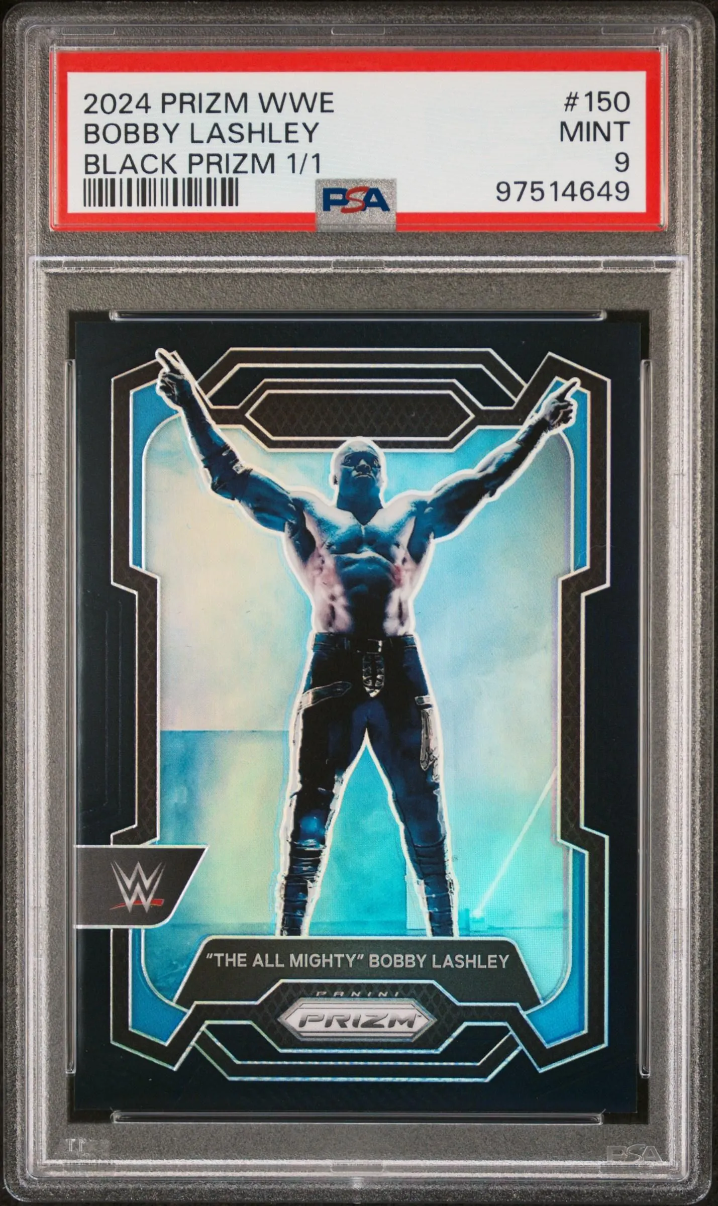 Product image for 2024 Panini Prizm WWE Bobby Lashley Black Prizm 1/1 #150 PSA 9 - 2024 - Boxing/Wrestling - 150 - Panini - Bobby Lashley - 2024 Panini Prizm WWE - 1 - 0 - Black 1 1 - Yes