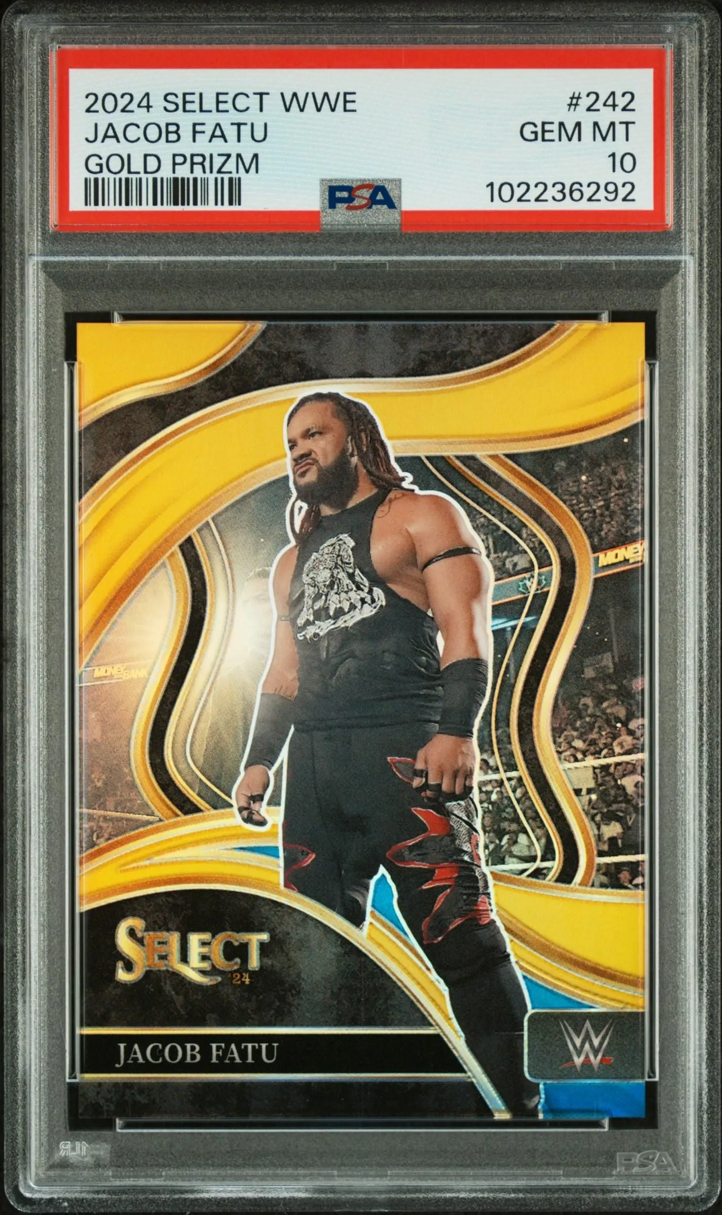 Product image for 2024 Panini Select WWE Jacob Fatu Gold Ringside /10 #242 PSA 10 - 2024 - Boxing/Wrestling - 242 - Panini - Jacob Fatu - 2024 Panini Select WWE - 3 - 0 - Gold Prizm - Yes
