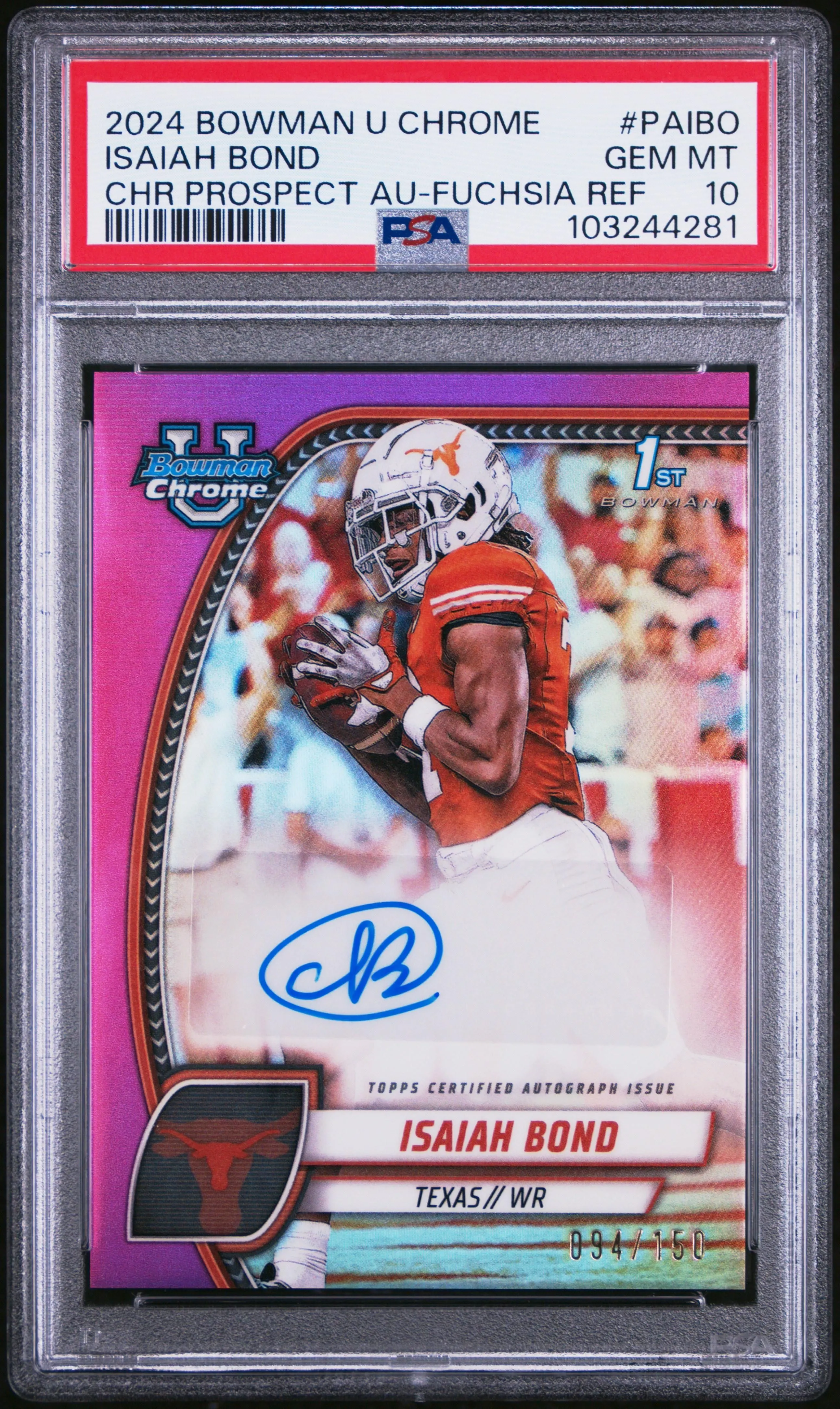 Product image for 2024 Bowman University Chrome Autographs Isaiah Bond Fuchsia /150 Texas PSA 10 - Isaiah Bond - 2024 - Football - PAIBO - /150 - Bowman - Isaiah Bond - 2024 Bowman University Chrome Autographs - Texas Longhorns - 2