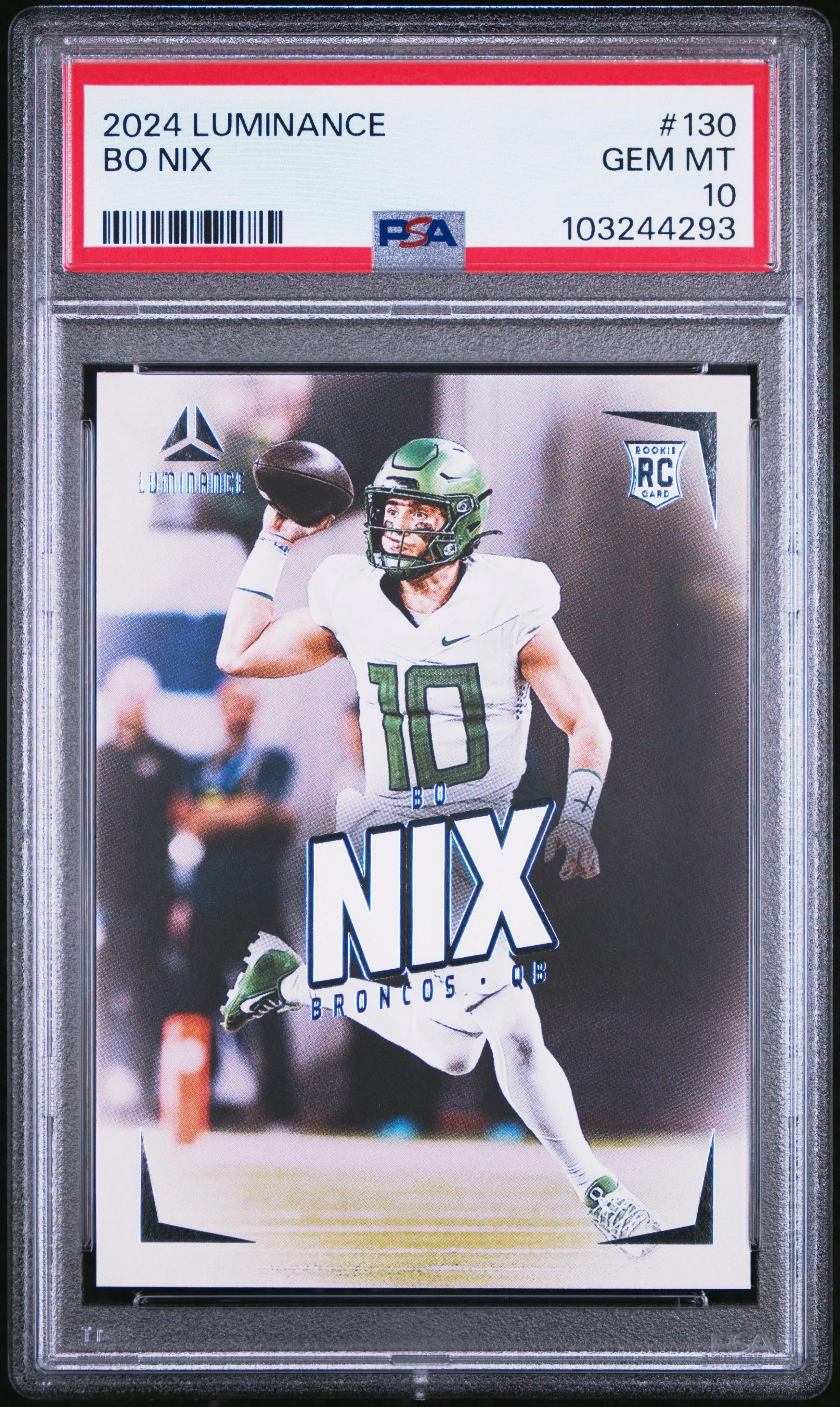 Product image for 2024 Panini Luminance Bo Nix #130 Rookie Denver Broncos PSA 10 - 2024 - Football - 130 - Rookie - National Football League (NFL) - Panini - Bo Nix - 2024 Panini Luminance - 9 - Denver Broncos