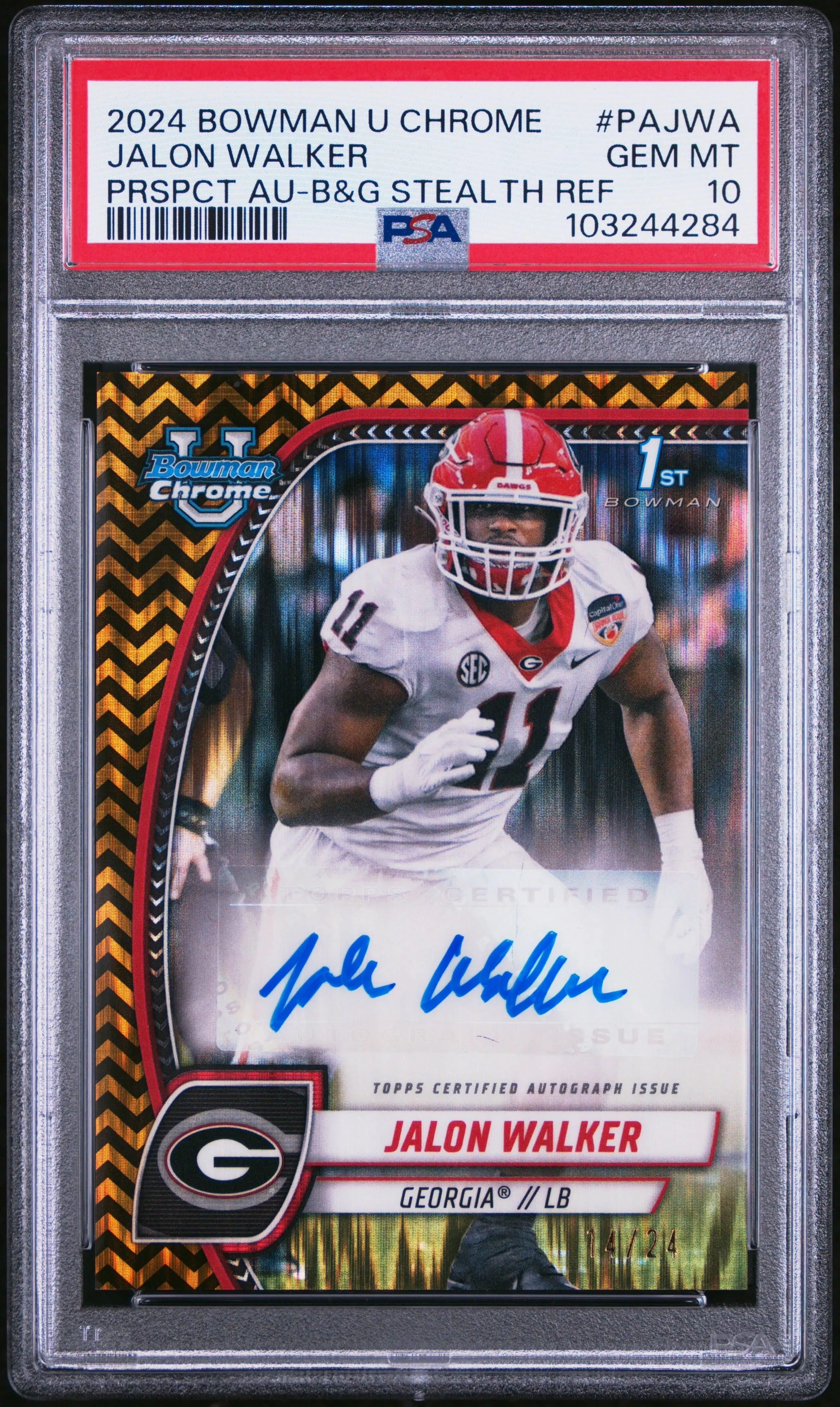 Product image for 2024 Bowman U Chrome Auto Jalon Walker Black & Gold Stealth /24 Georgia PSA 10 - Jalon Walker - 2024 - Football - PAJWA - /24 - Bowman - Jalon Walker - 2024 Bowman University Chrome Autographs - 2 - Georgia Bulldogs