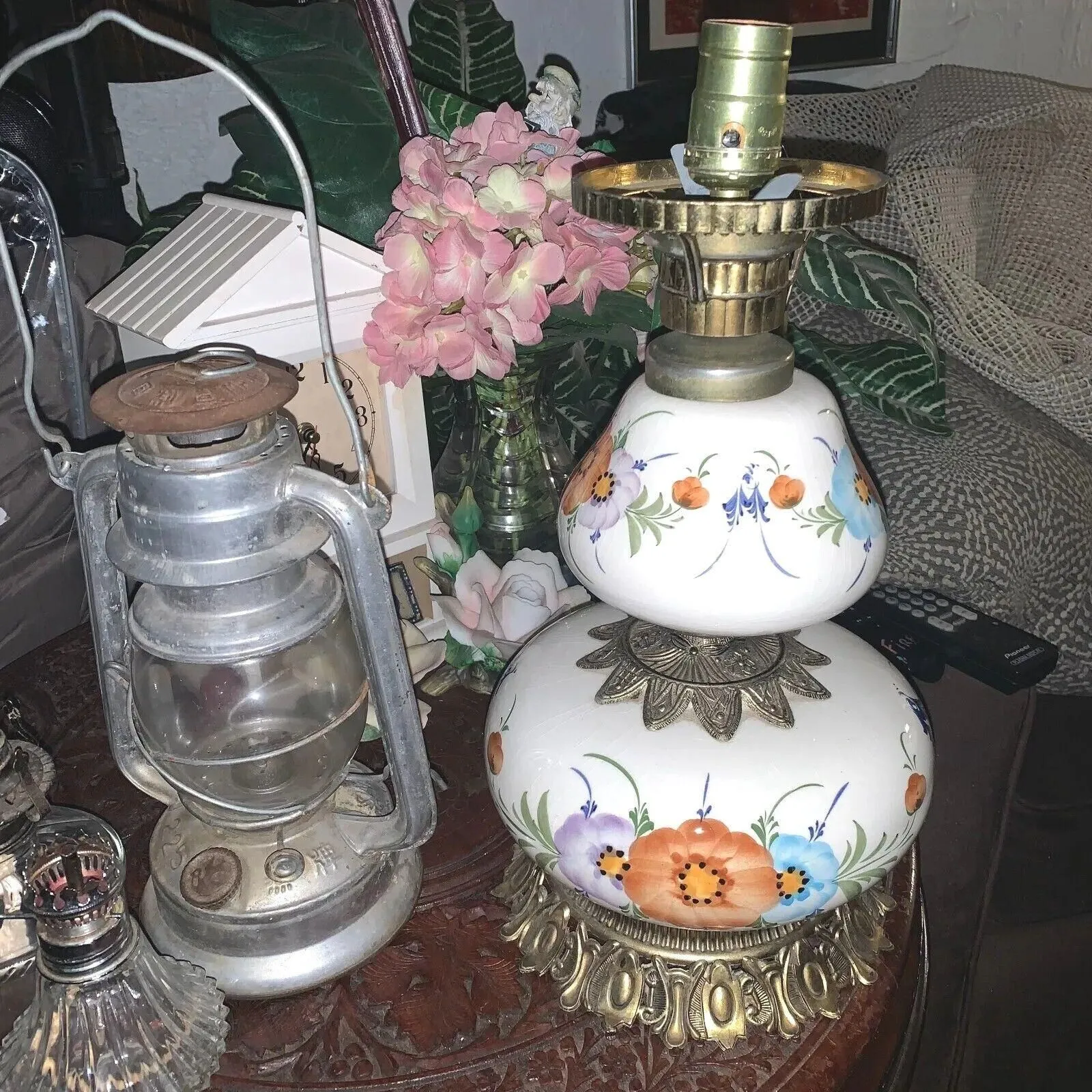 Product image for Vintage Swallow Brand 225 Kerosene Oil & Milk Glass Flower Electric Lamp Lot of2