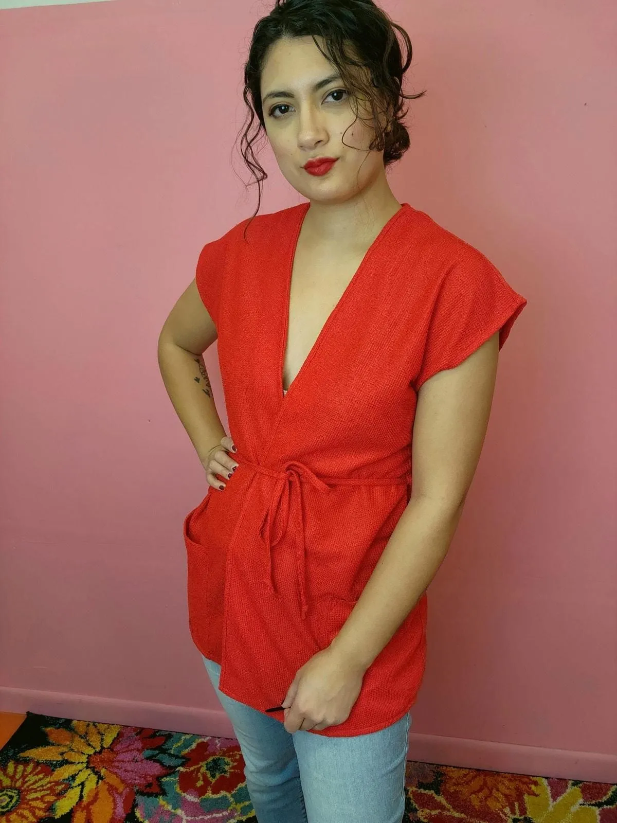 Product image for Size Small to XXL | Vintage 1970's Red Knit Duster Vest Cardigan with Tie Waist and Large Pockets