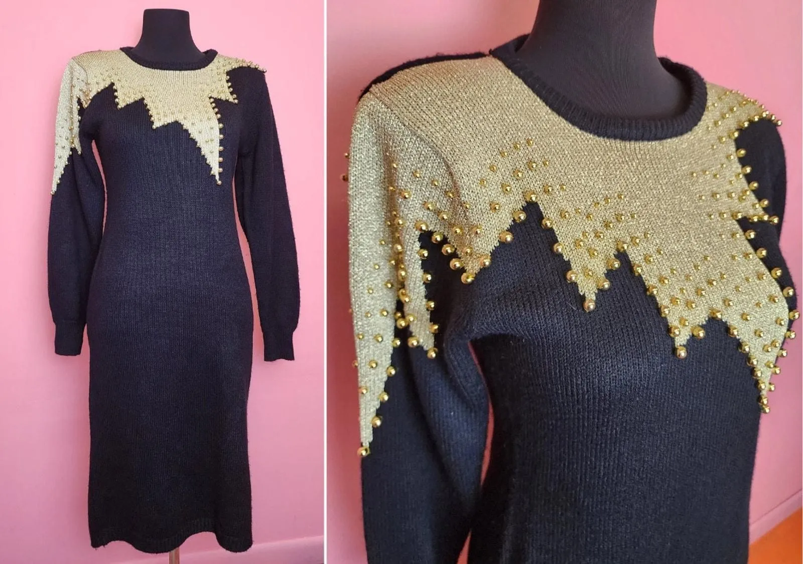 Product image for Vintage 1980's/1990's Sweater Dress with Metallic Gold Starburst Detail by Betsey Lauren | Size Medium to Large