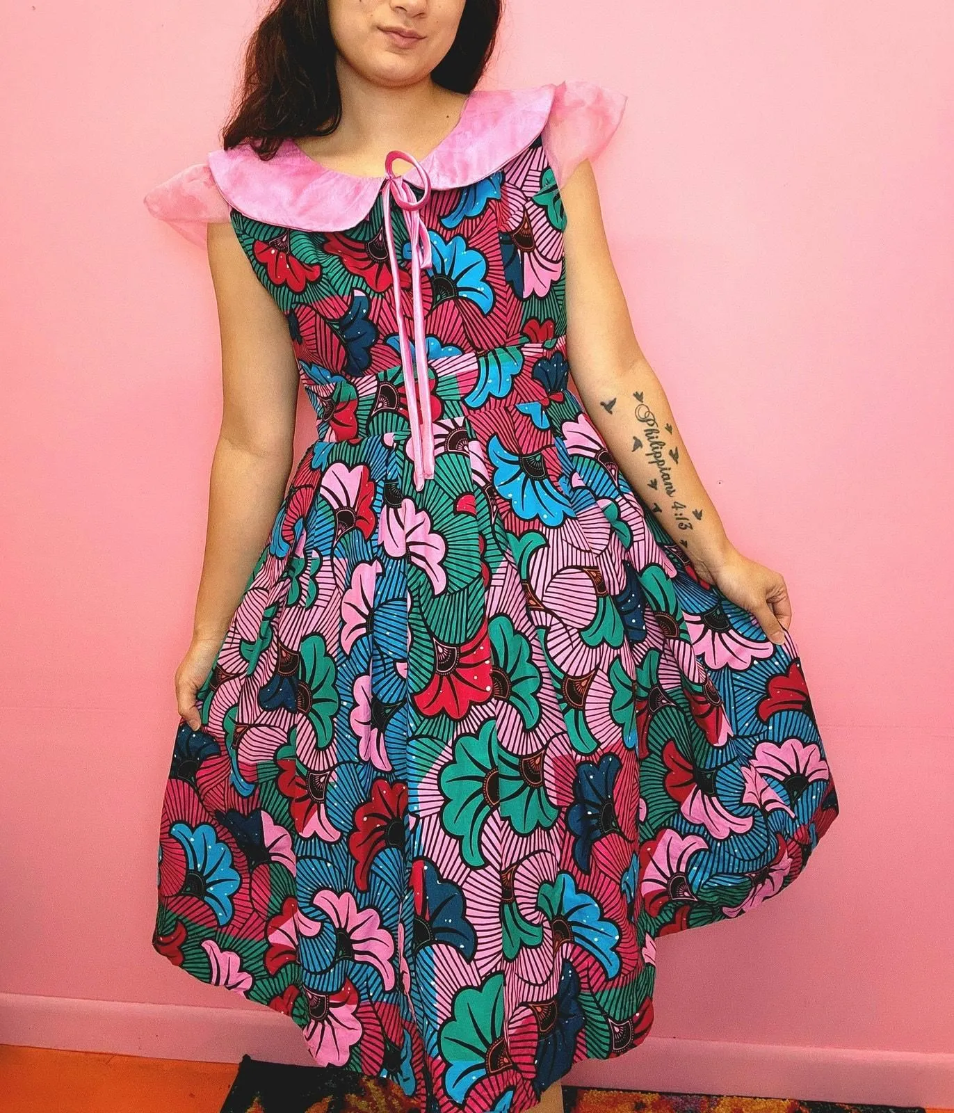Product image for Size Medium / Large | Retro / Vintage Inspired Handmade African Wax Print Pink and Blue Bubble Fit and Flare Dress | 50's 60's style