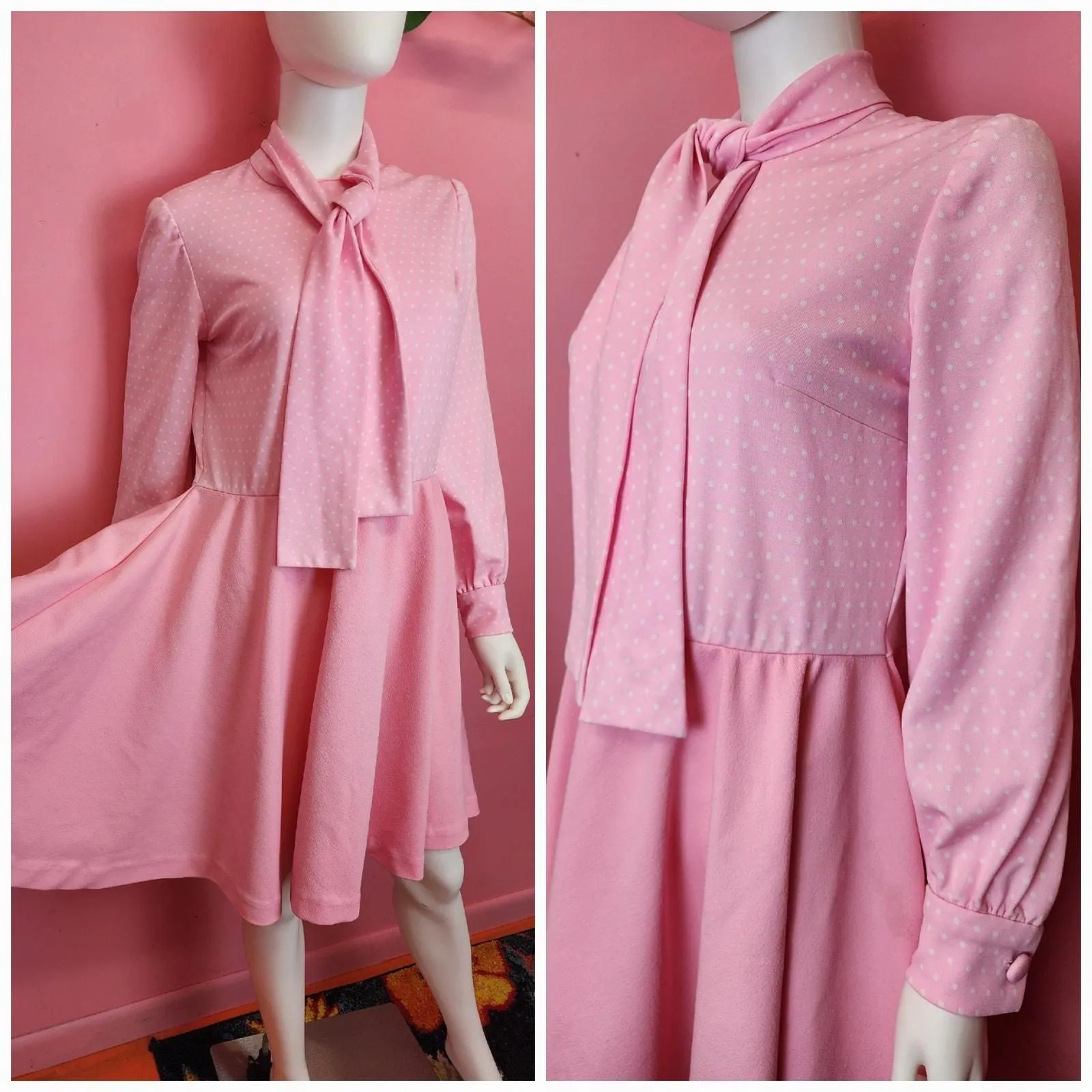 Product image for Size Large | Vintage 1970's Pink and White Polka Dot Tie Neck Collar Long Sleeve Dress