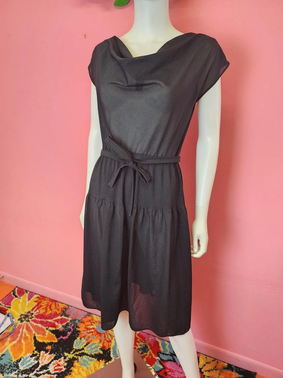 Product image for Size Medium | Vintage 1970's Black Sheer Cowl Neck Dress by Lori Ann Petites