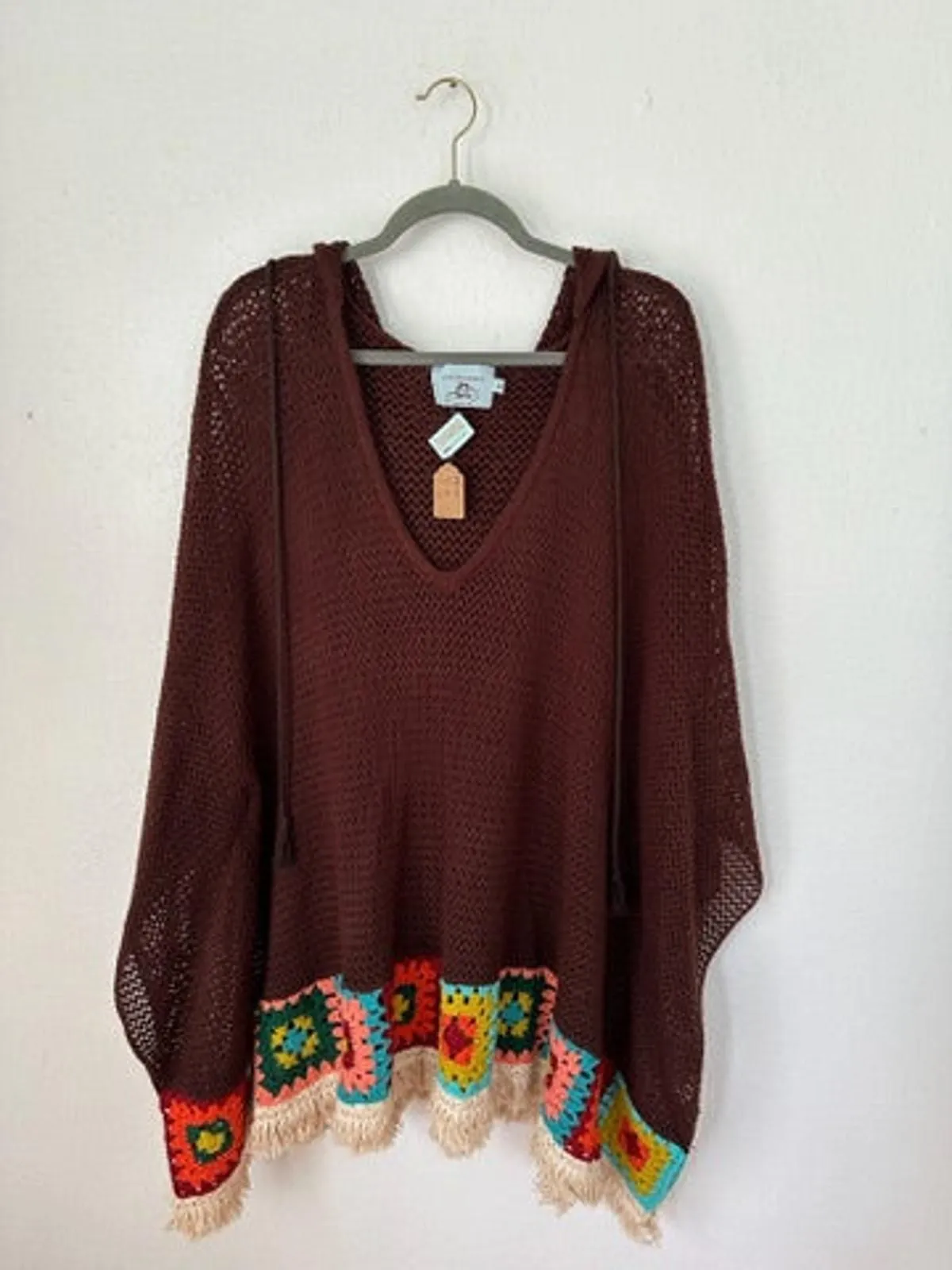 Product image for Judith March Brown Granny Square Hem Crochet Poncho - Free Size - Value Village