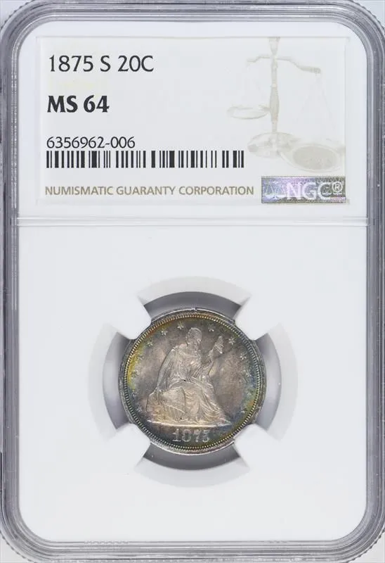 Product image for 1875-S 20C NGC MS64 - Coins, U.S. currency - Silver - 1875 - S - Business - true - MS 64 - NGC - Mint State