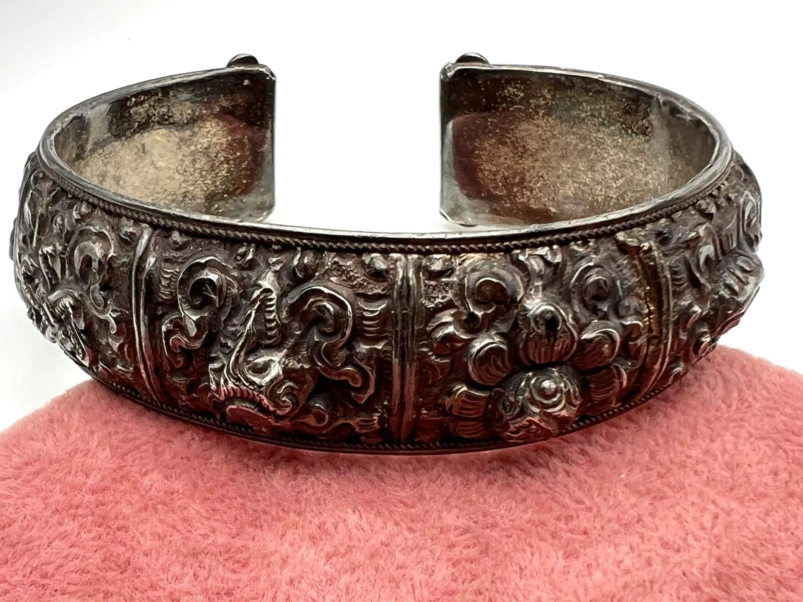 Product image for Sterling Silver 925 Art Nouveau Cuff Bracelet Antique Fish Flower 46g Solid