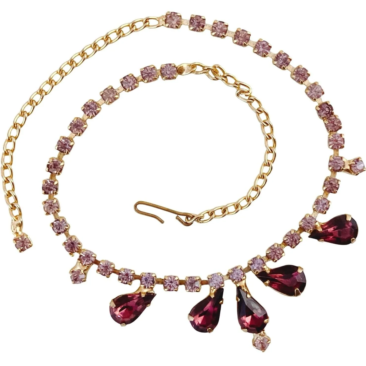 Product image for Vintage Mid Century Purple Teardrop Rhinestone Necklace Gold Tone - Necklace