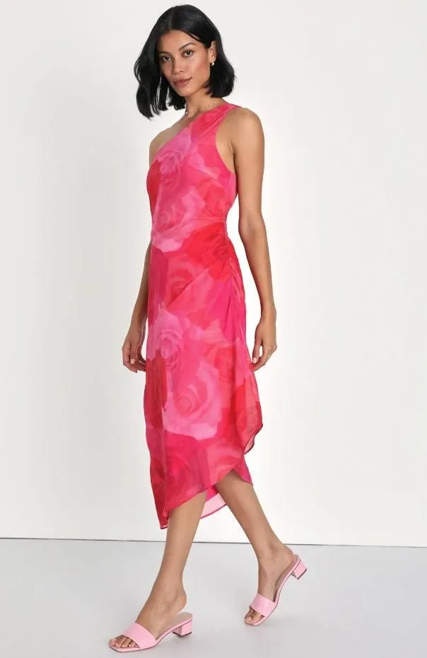 Product image for Lulus NWOT Pink Floral Pretty Serene One-Shoulder Asymmetrical Midi Dress Medium - Lulus