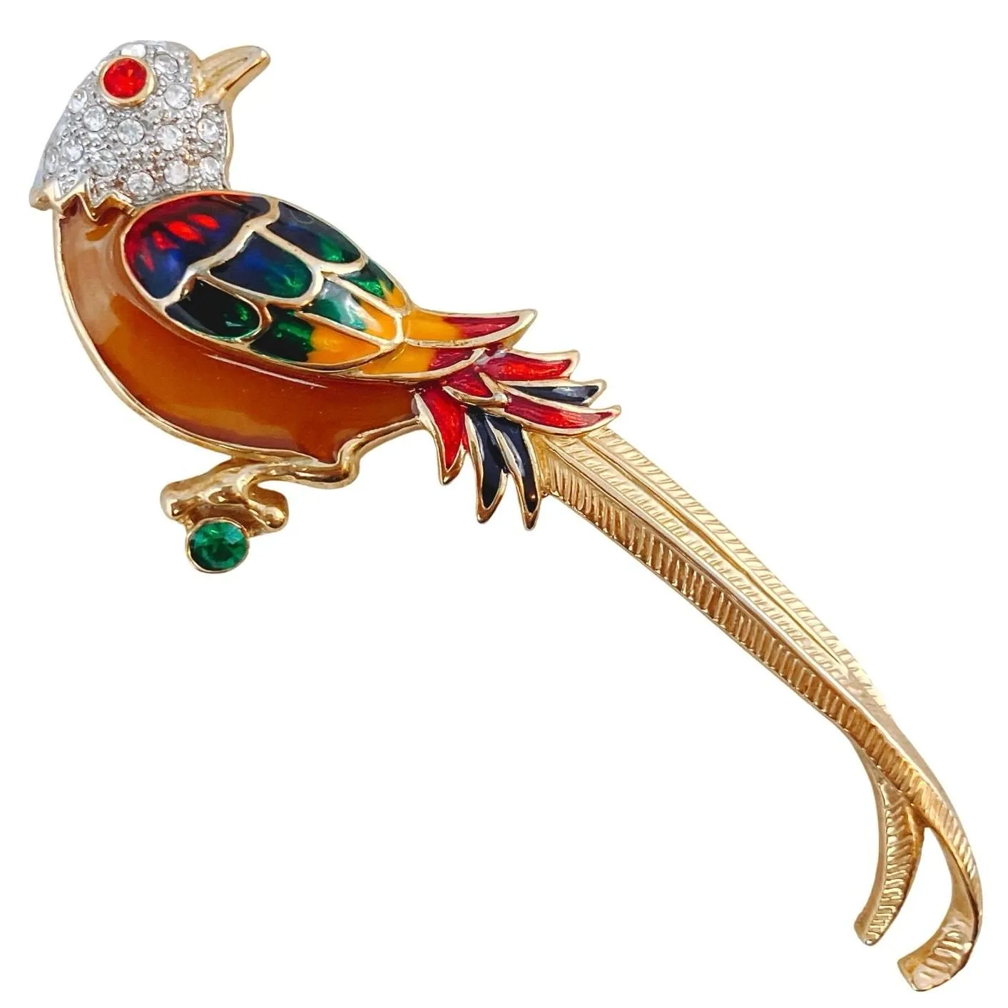 Product image for Vintage Premier Designs Enamel Bird Brooch – Gold Tone, Rhinestones, 1980s 1990s - Brooch