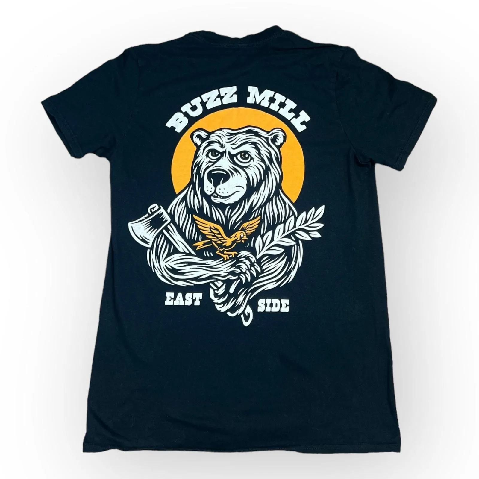 Product image for Buzz Mill East Side Vintage T-Shirt - Black with Buzz Mill Bear Logo Size Small - Vintage
