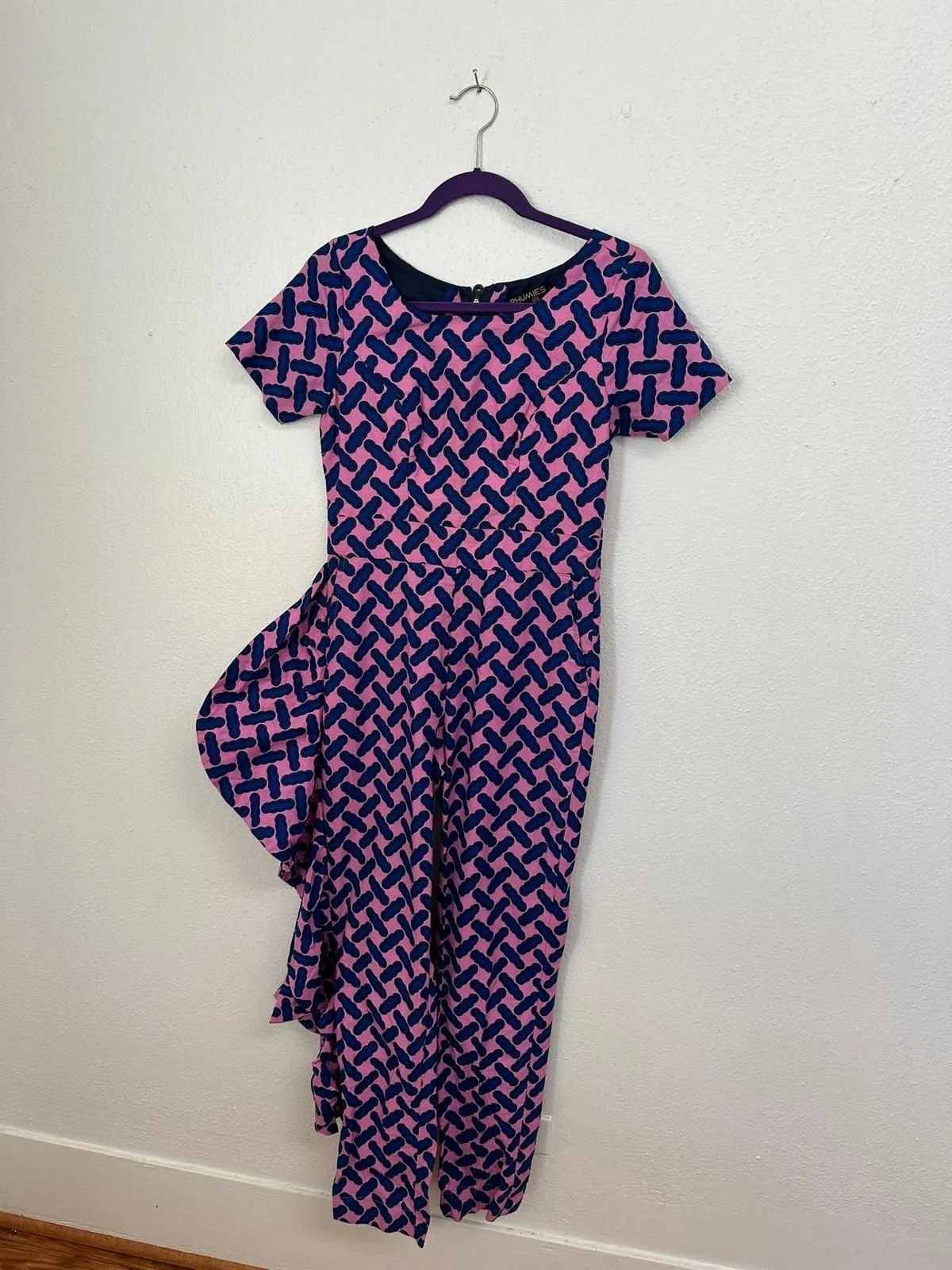 Product image for Phumies African Cotton Pink and Blue Ruffle Leg Jumpsuit - S