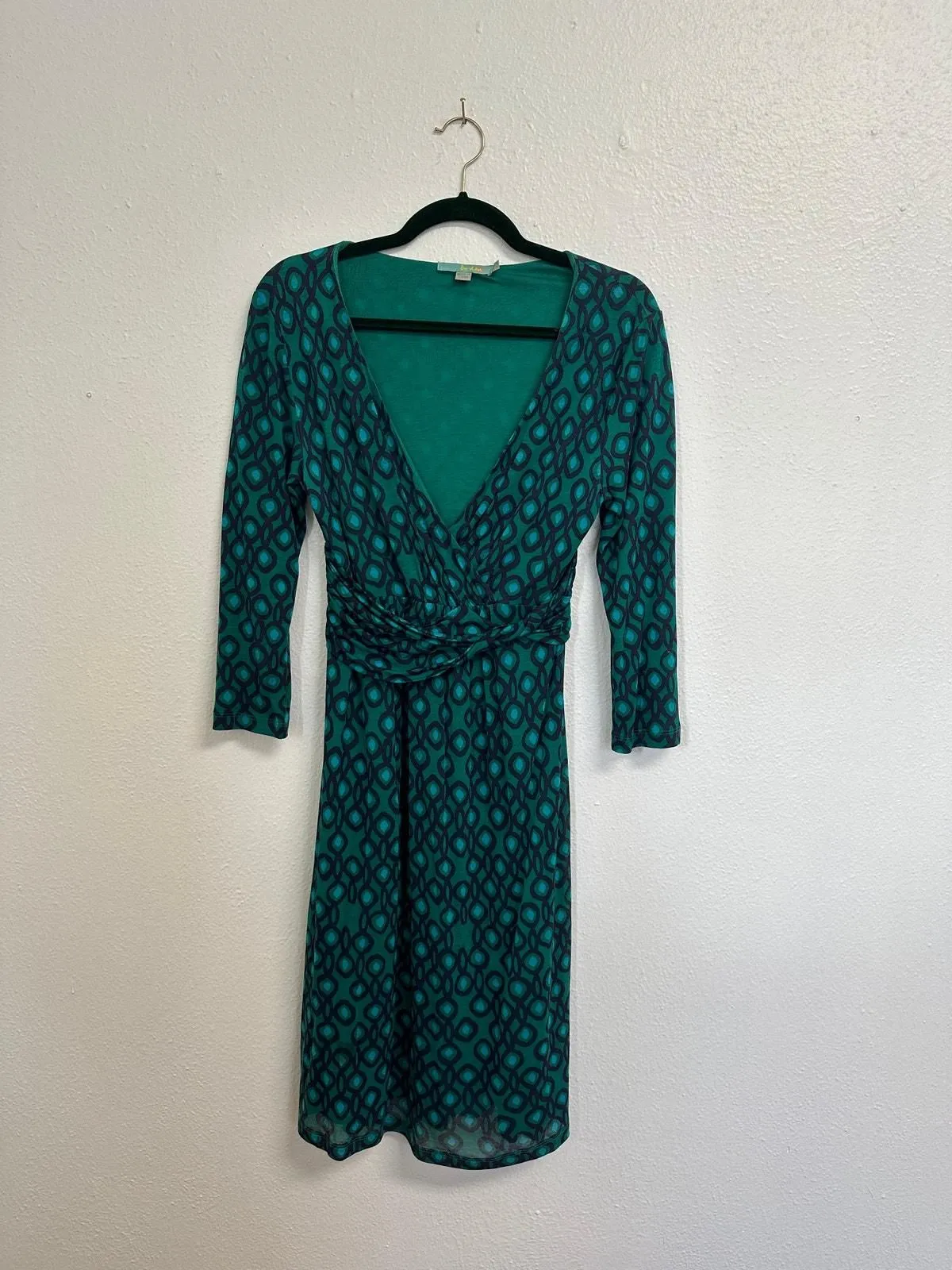 Product image for Boden Geometric Green Blue Navy Retro Print Long Sleeve Dress - Size 4 - Boden